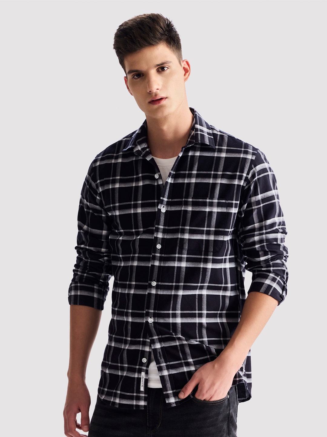 

Red Flame Men Tartan Checks Opaque Checked Casual Shirt, Black