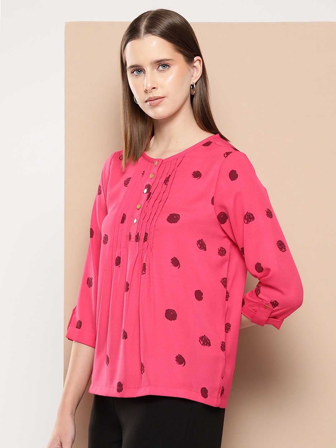 

her by invictus Geometric Print Puff Sleeve Top, Pink