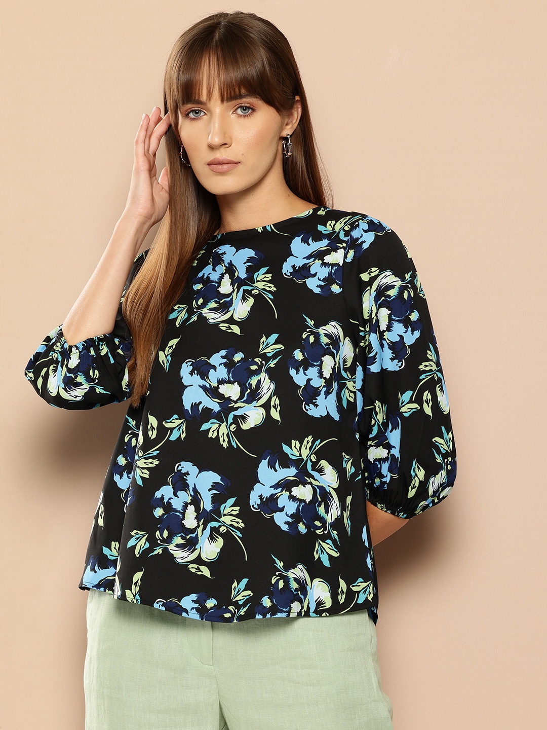 

her by invictus Floral Print Puff Sleeve Top, Black