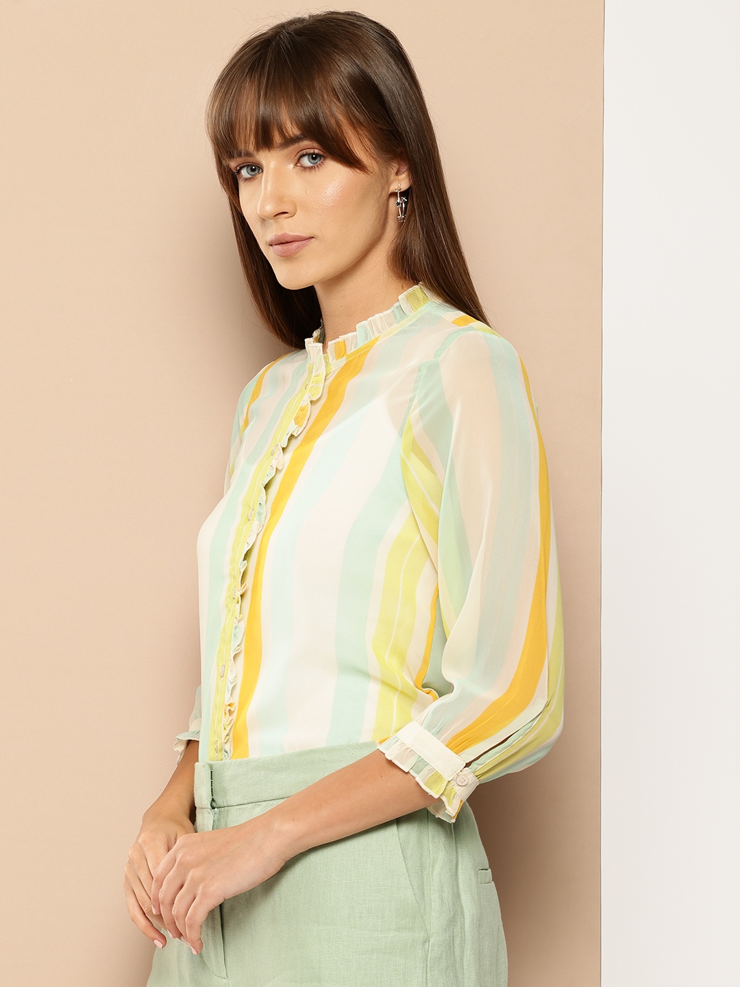 

her by invictus Striped Ruffles Shirt Style Top, Off white
