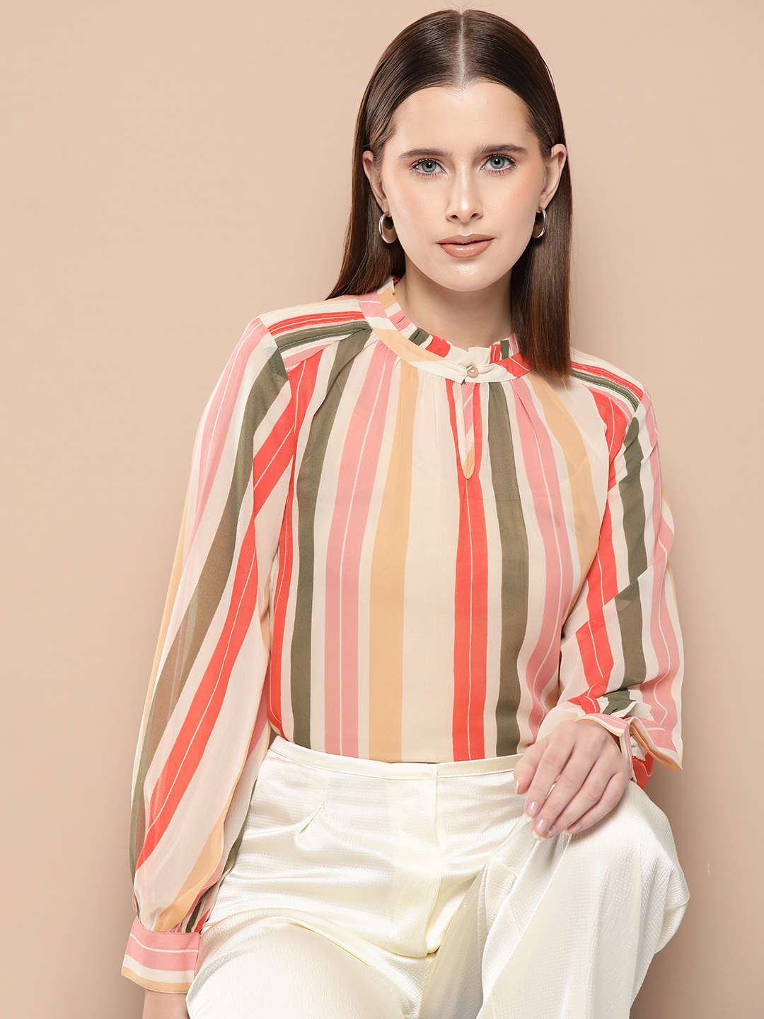 

her by invictus High Neck Striped Print Top, Beige