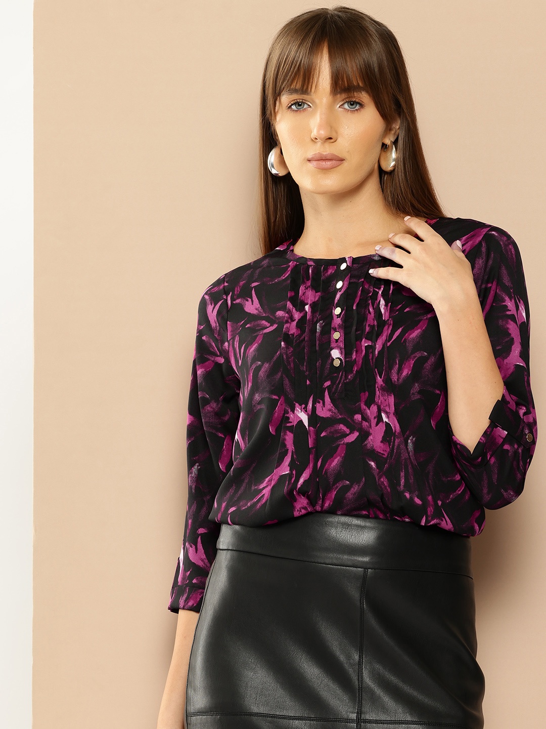 her by invictus Floral Print Roll-Up Sleeves Top, Black