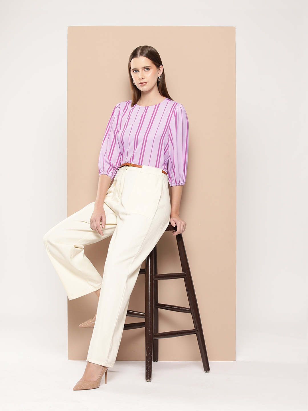 

her by invictus Striped Puff Sleeves Top, Lavender