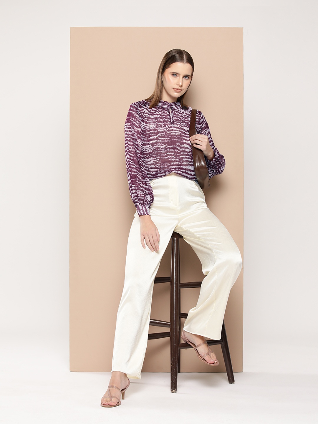 

her by invictus Printed Mandarin Collar Semi-Sheer Top, Mauve