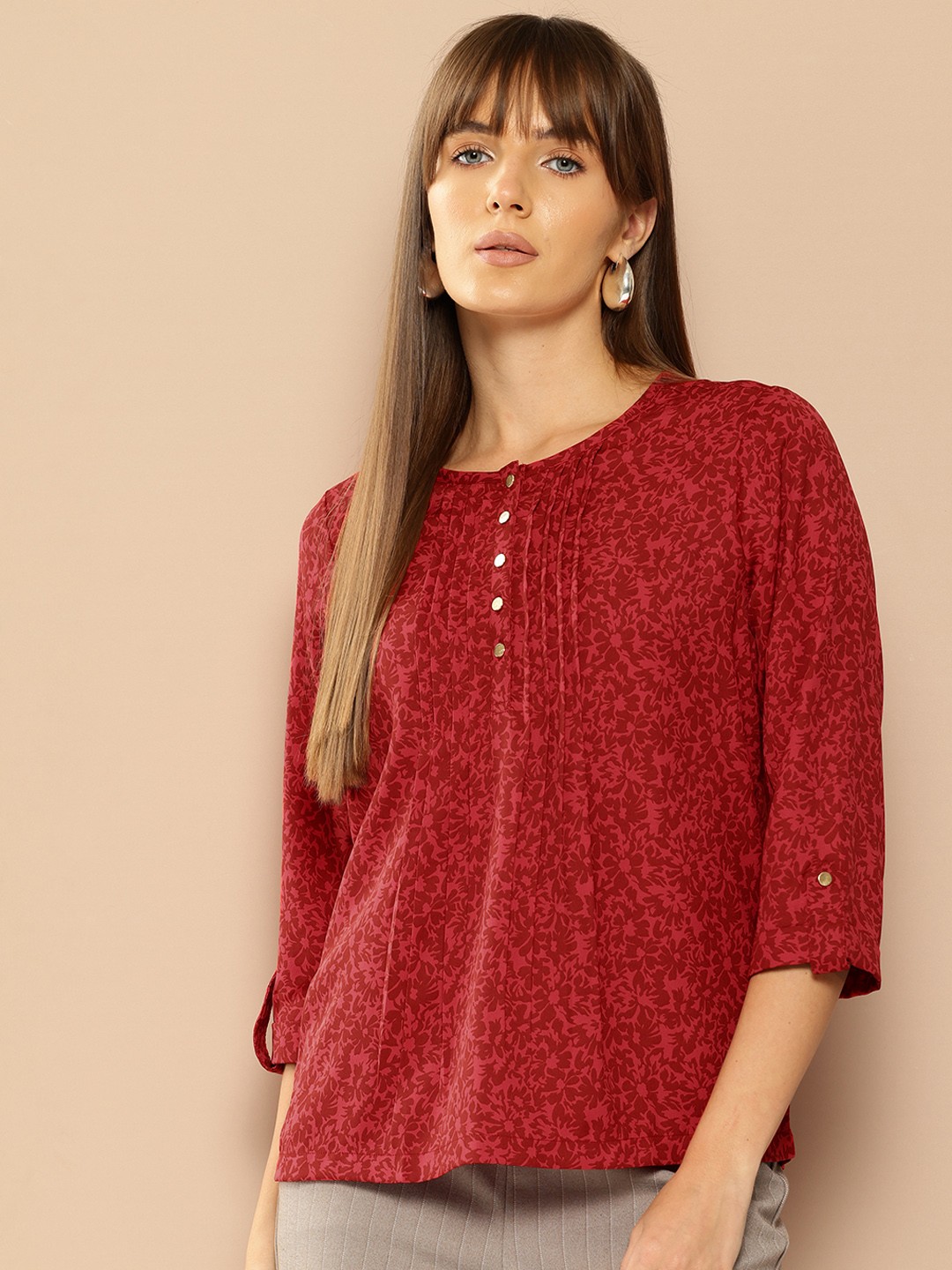 

her by invictus Floral Print Roll-Up Sleeves Top, Red