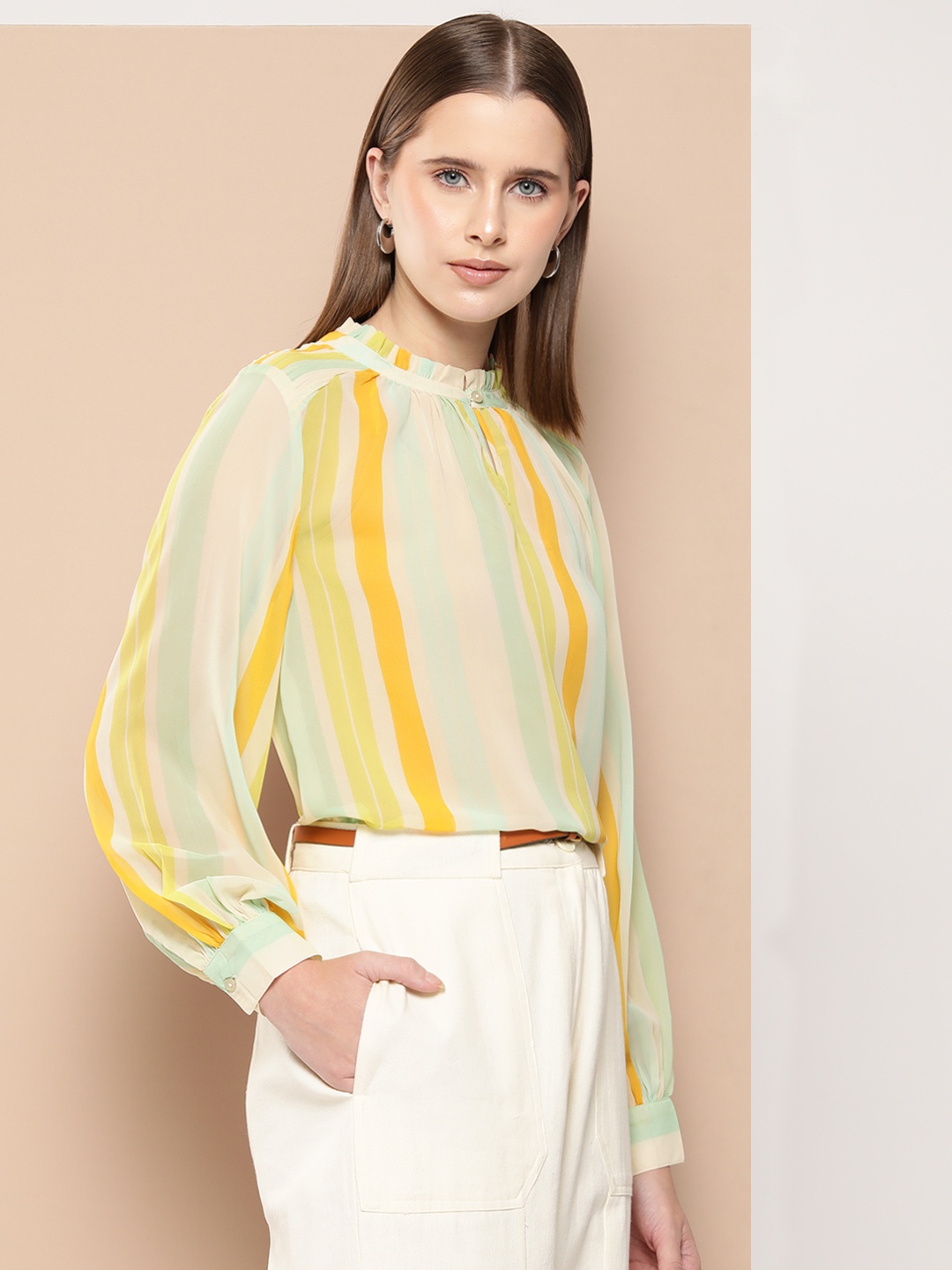 

her by invictus Striped Keyhole Neck Puff Sleeves Ruffles Top, Beige