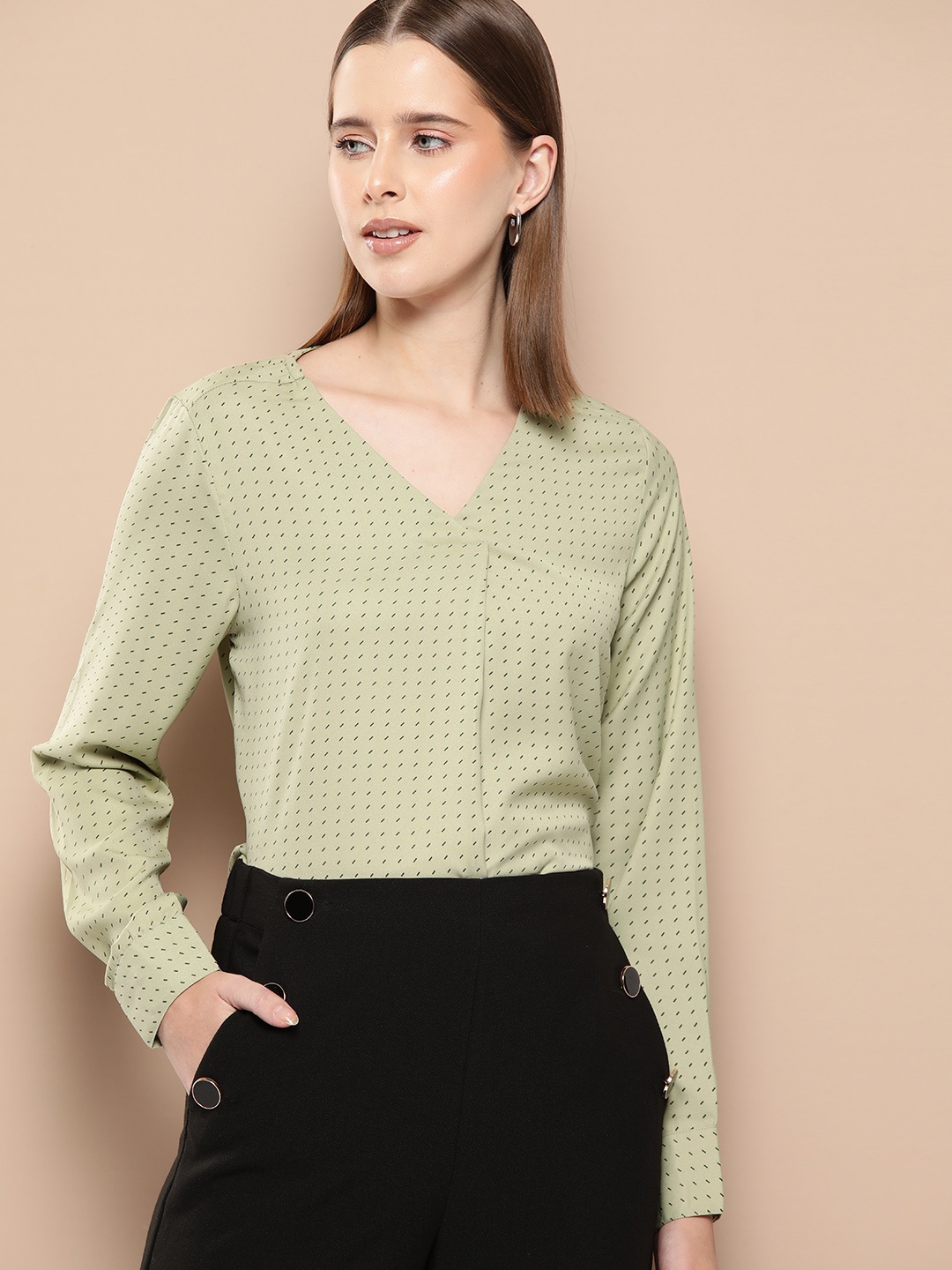 

her by invictus Geometric Micro Print Shirt Style Pleated Top, Green