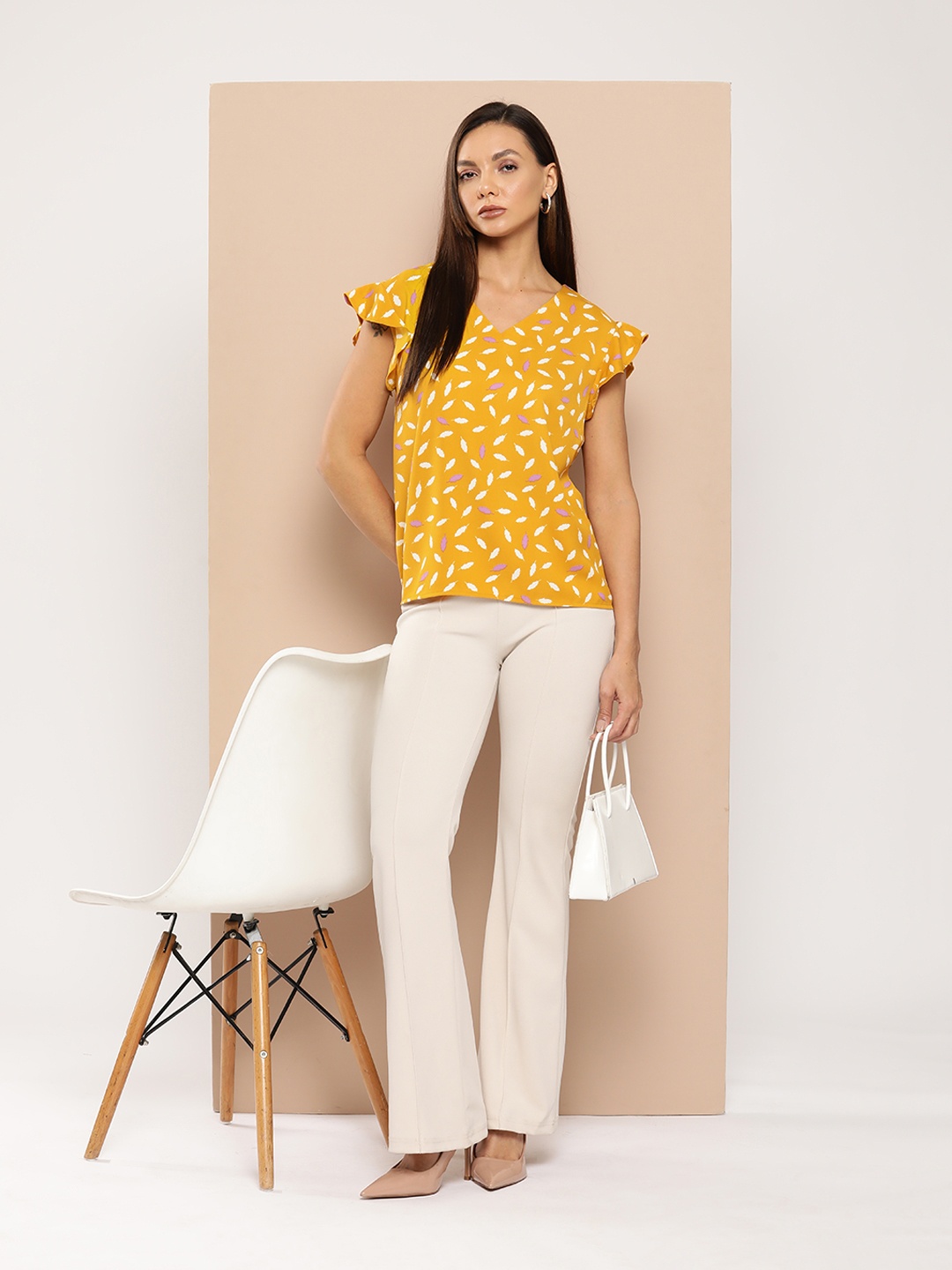 

her by invictus Conversational Printed Flutter Sleeves Top, Mustard