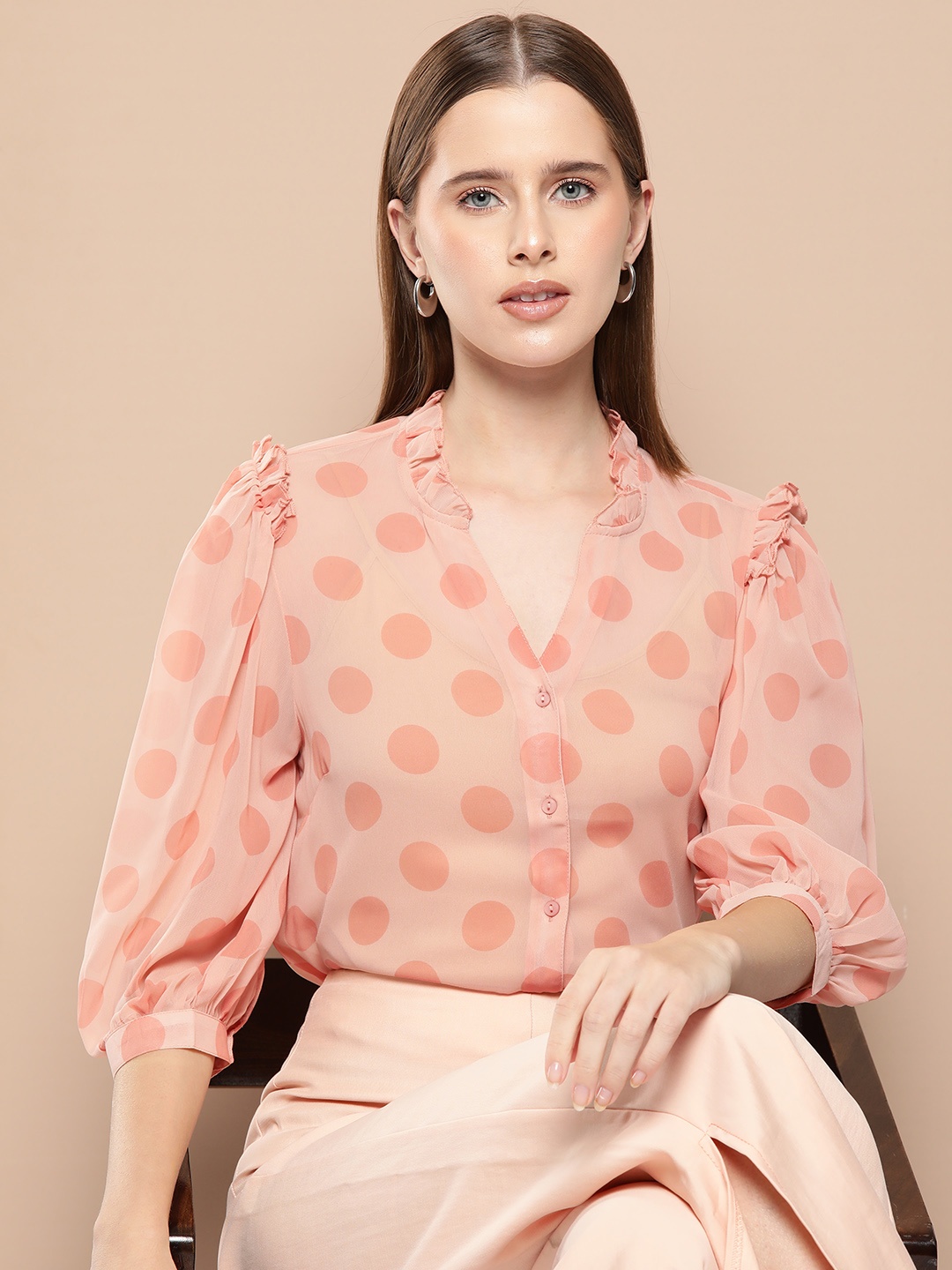 

her by invictus Polka Dot Print Puff Sleeve Ruffles Shirt Style Top, Pink
