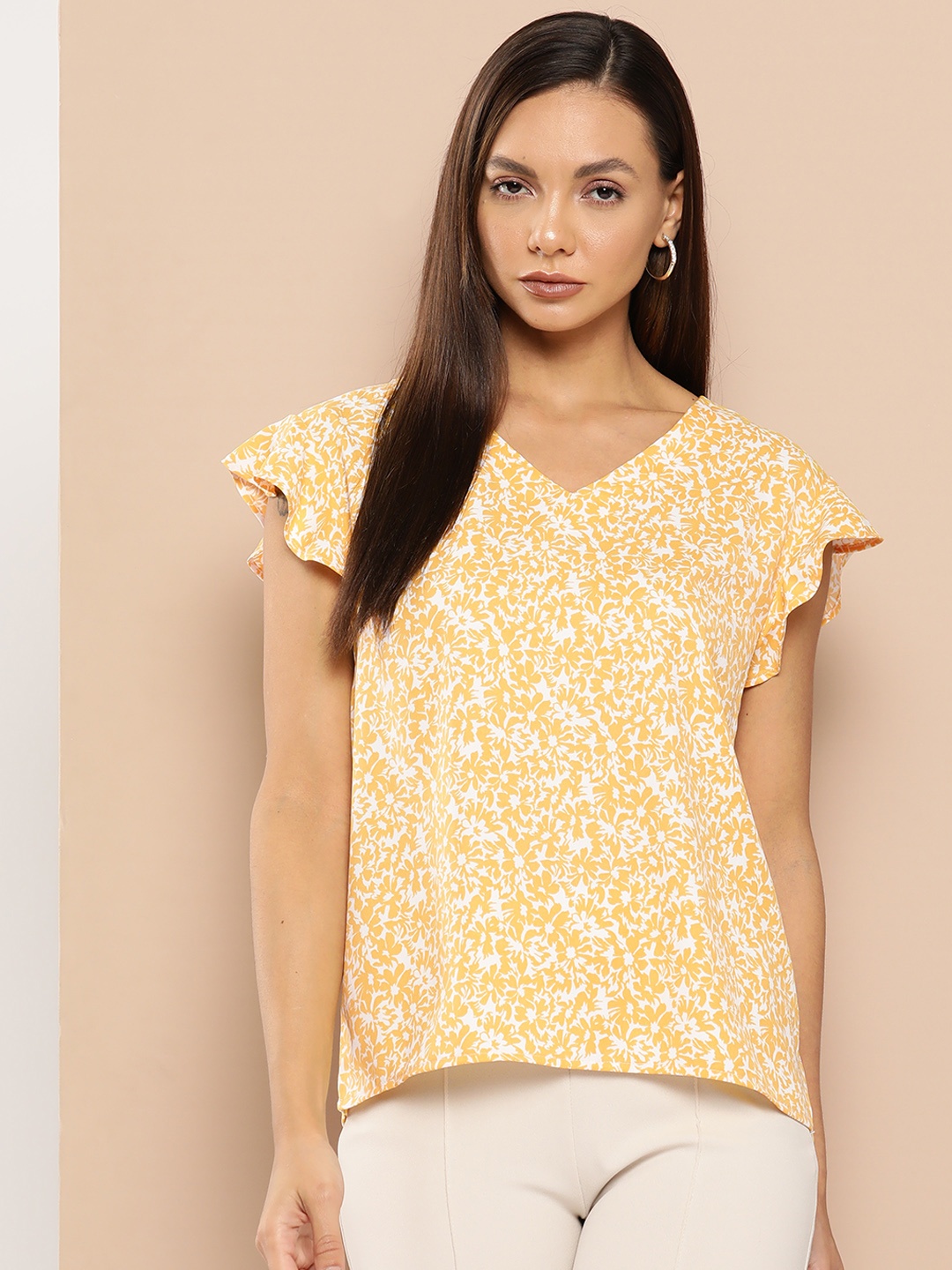 

her by invictus Floral Printed Flutter Sleeve Top, Yellow