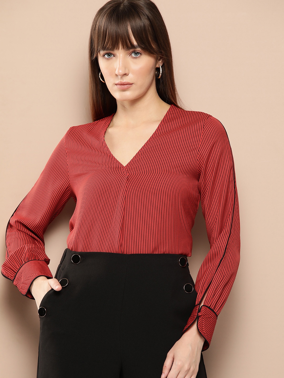 

her by invictus Striped Pleated Formal Top, Red