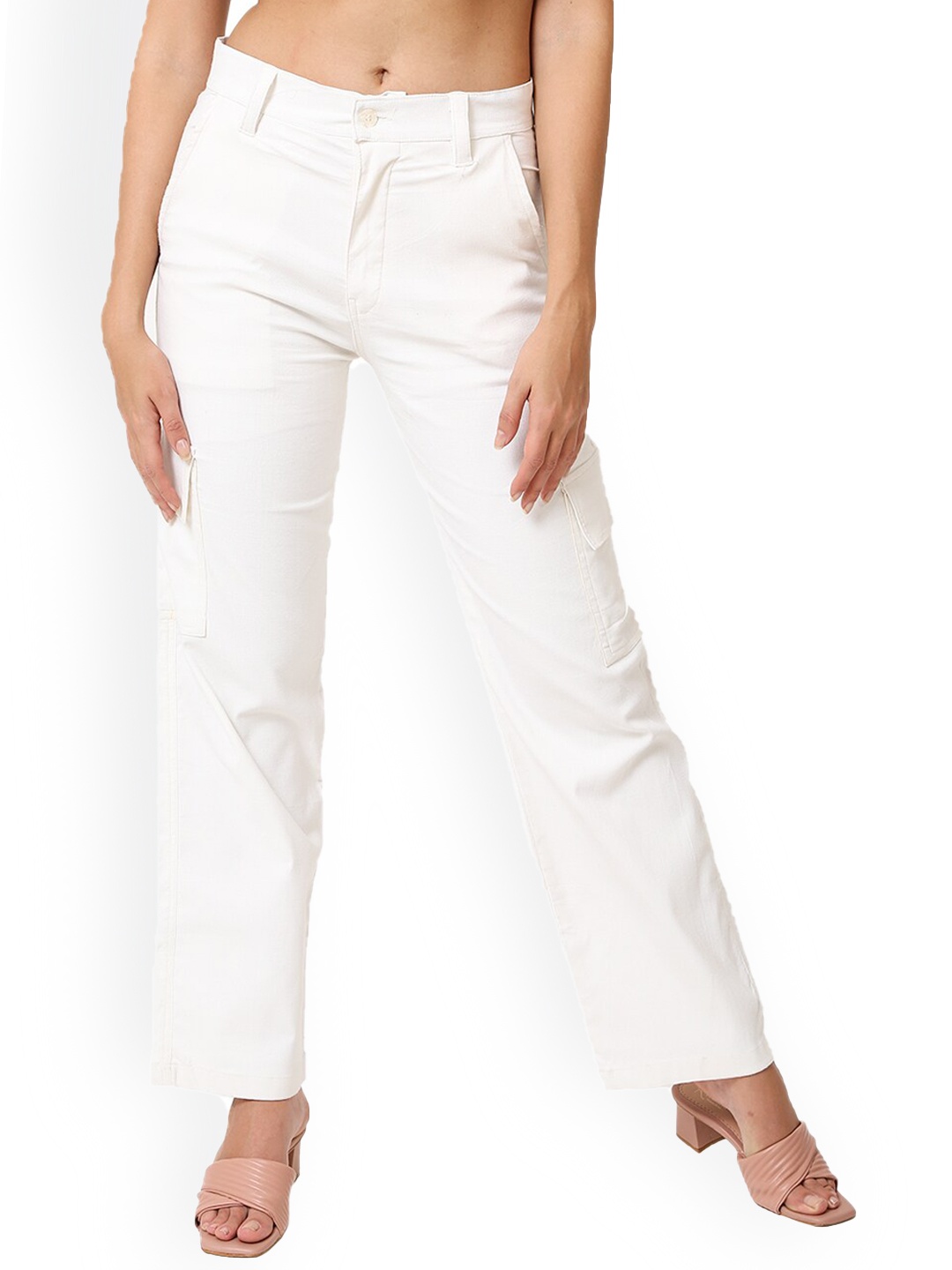 

CareDone Women Straight Fit Clean Look Stretchable Cargo Jeans, White
