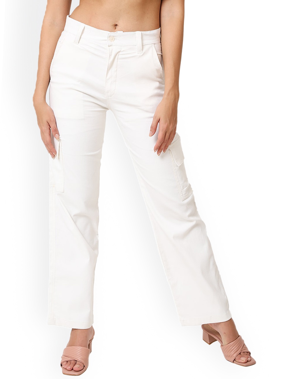 

CareDone Women Straight Fit Clean Look Stretchable Cotton Cargo Jeans, White