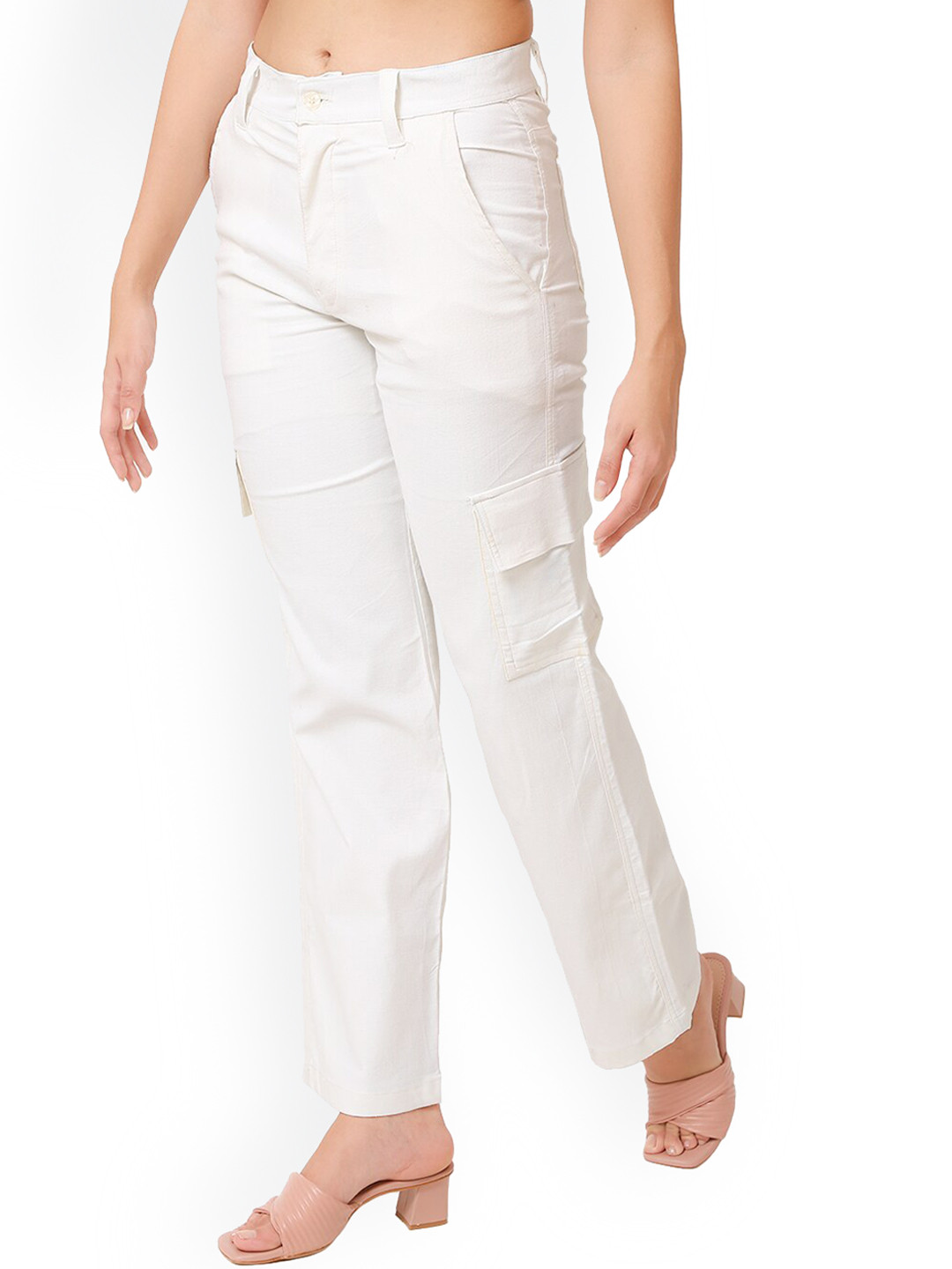 

CareDone Women Straight Fit Clean Look Stretchable Cotton Cargo Jeans, White