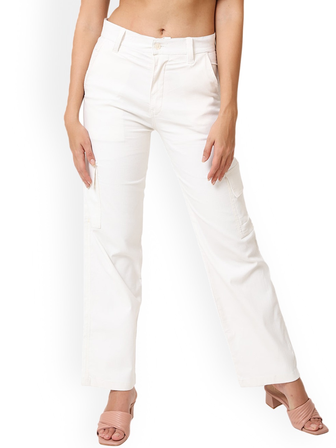 

CareDone Women Straight Fit Clean Look Stretchable Cotton Cargo Jeans, White