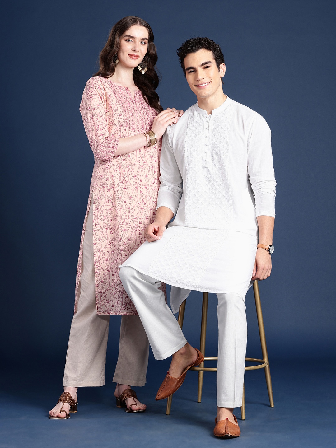 

Taavi Chikankari Floral Embroidered White Romance Pure Cotton Kurta