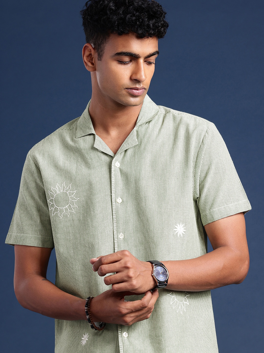 

Taavi Self Striped Embroidered Detail Woven Legacy Casual Shirt, Green