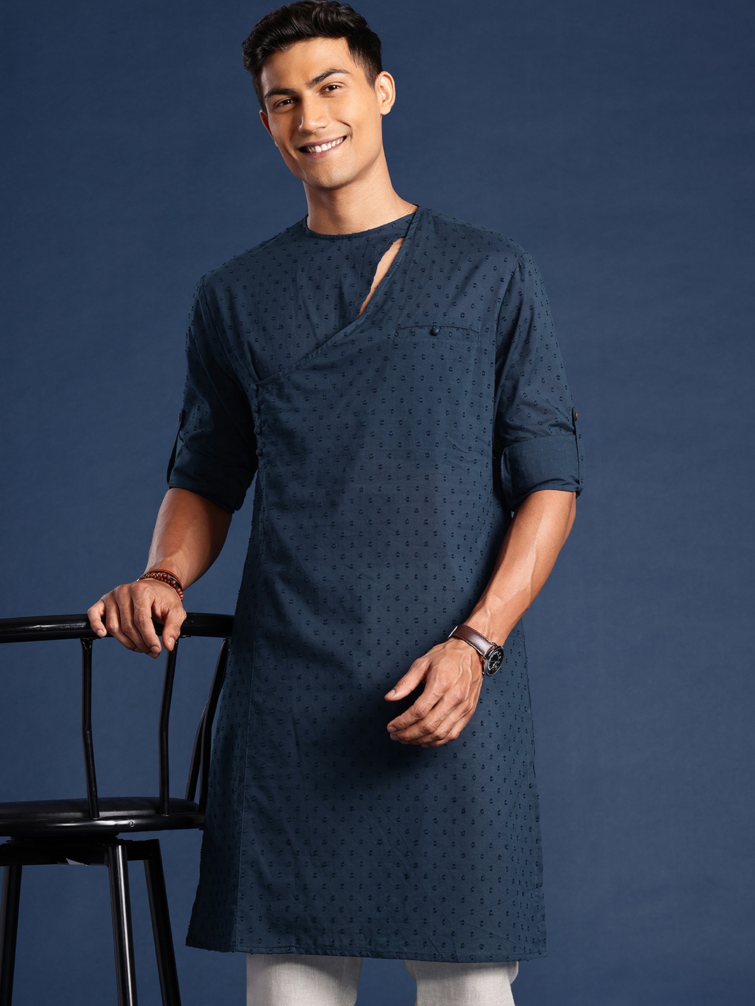 

Taavi Woven Legacy Pure Cotton Indigo Dobby Angrakha Kurta, Navy blue