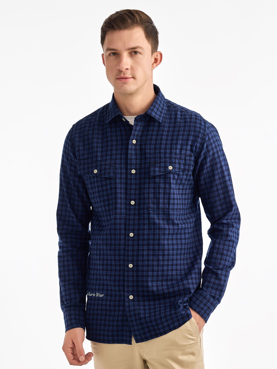 

Red Flame Men Grid Tattersall Checks Opaque Checked Casual Shirt, Blue
