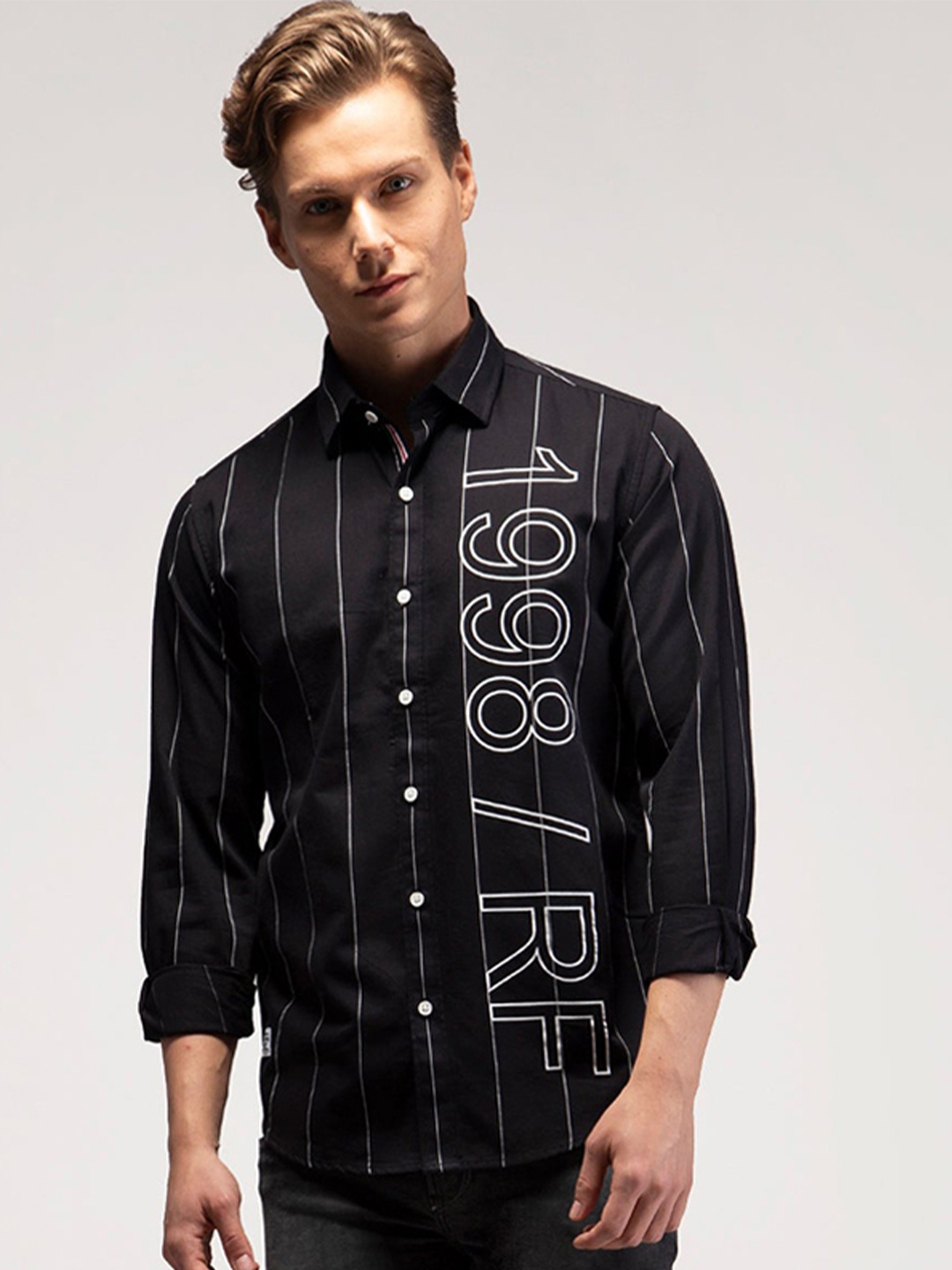 

Red Flame Cotton Regular Fit Striped Casual Shirt, Black