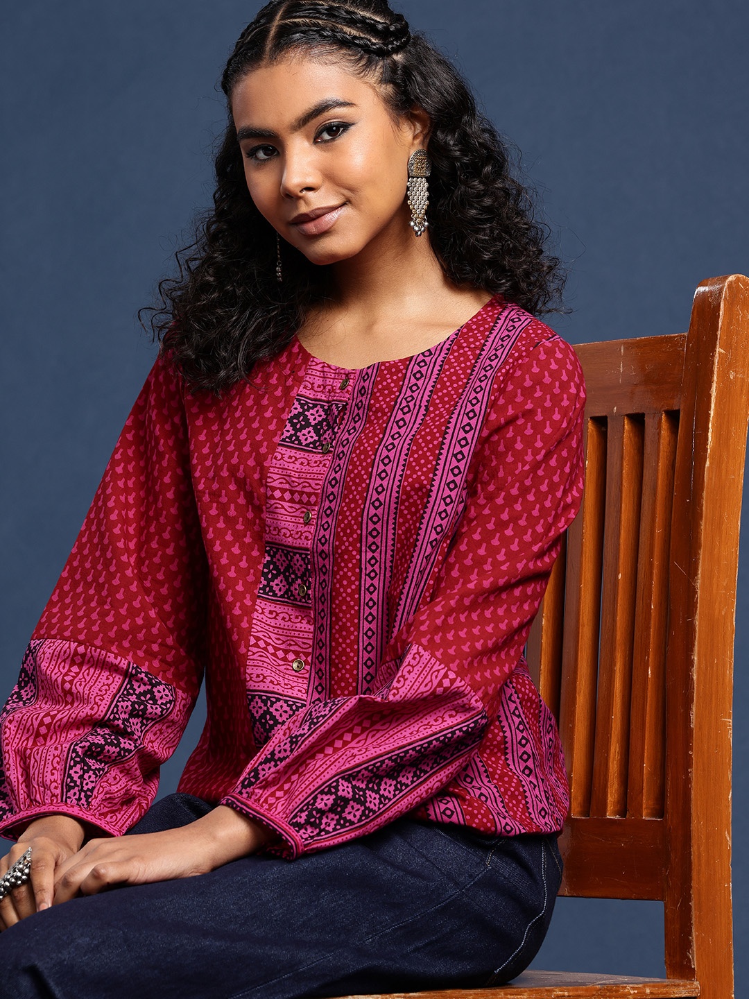

Taavi Geometric Printed Pure Cotton Bagh Shirt Style Top, Red