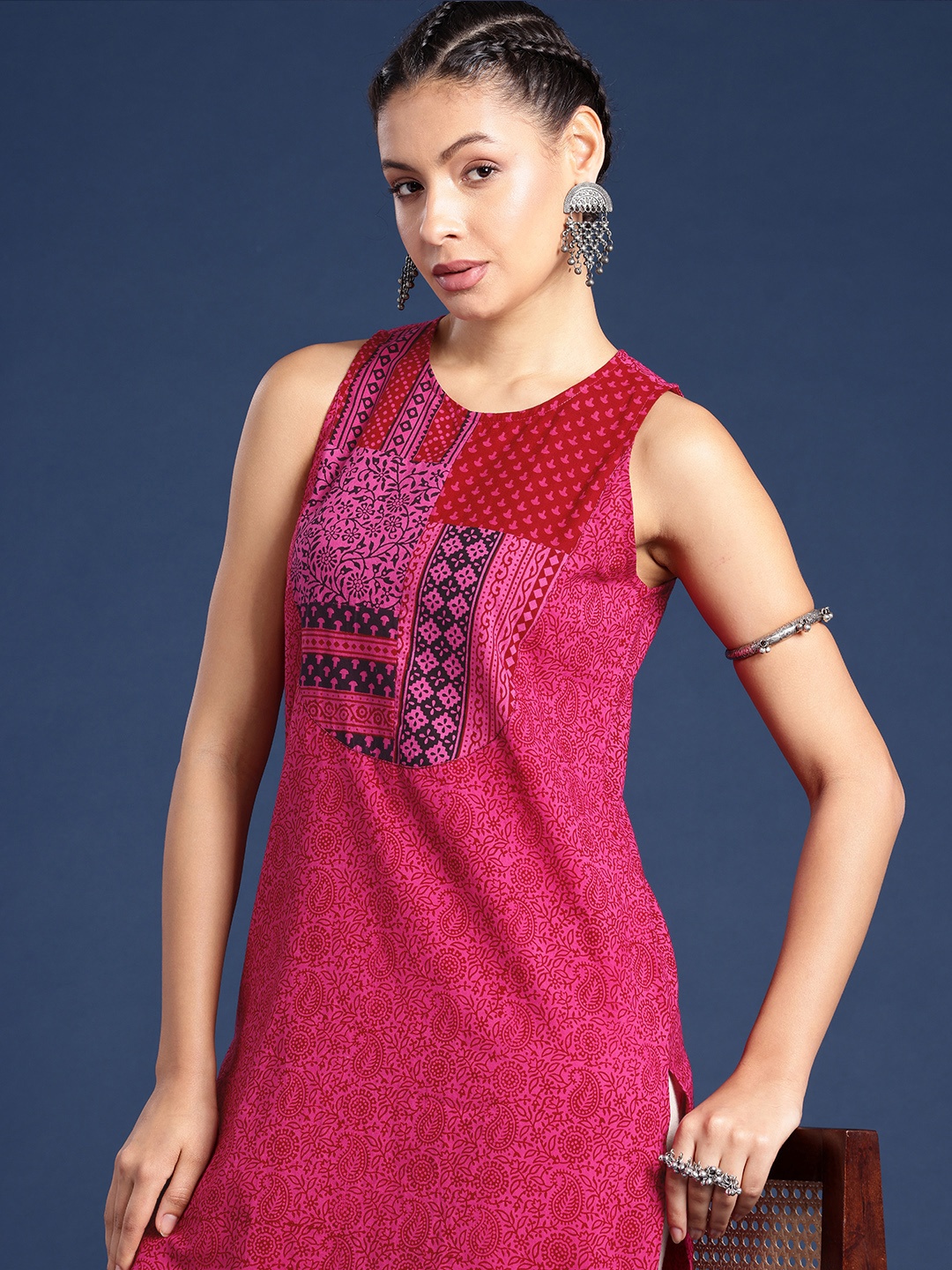 

Taavi Ethnic Motifs Printed Baagh Pure Cotton Kurta, Pink