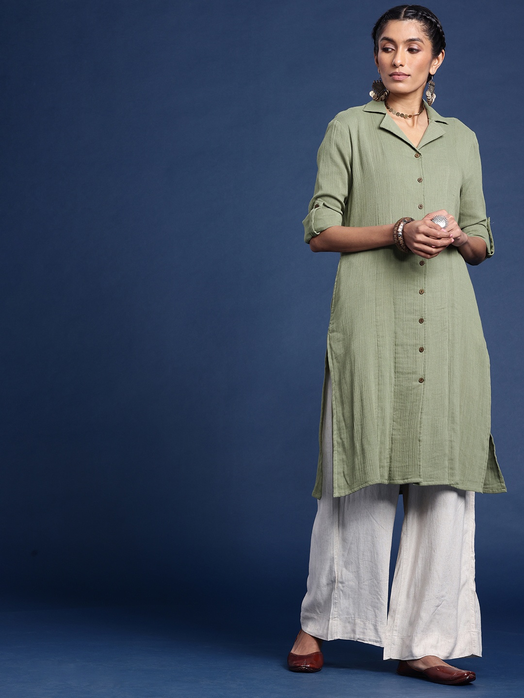 

Taavi Shirt Collar A-Line Woven Legacy Pure Cotton Kurta, Green