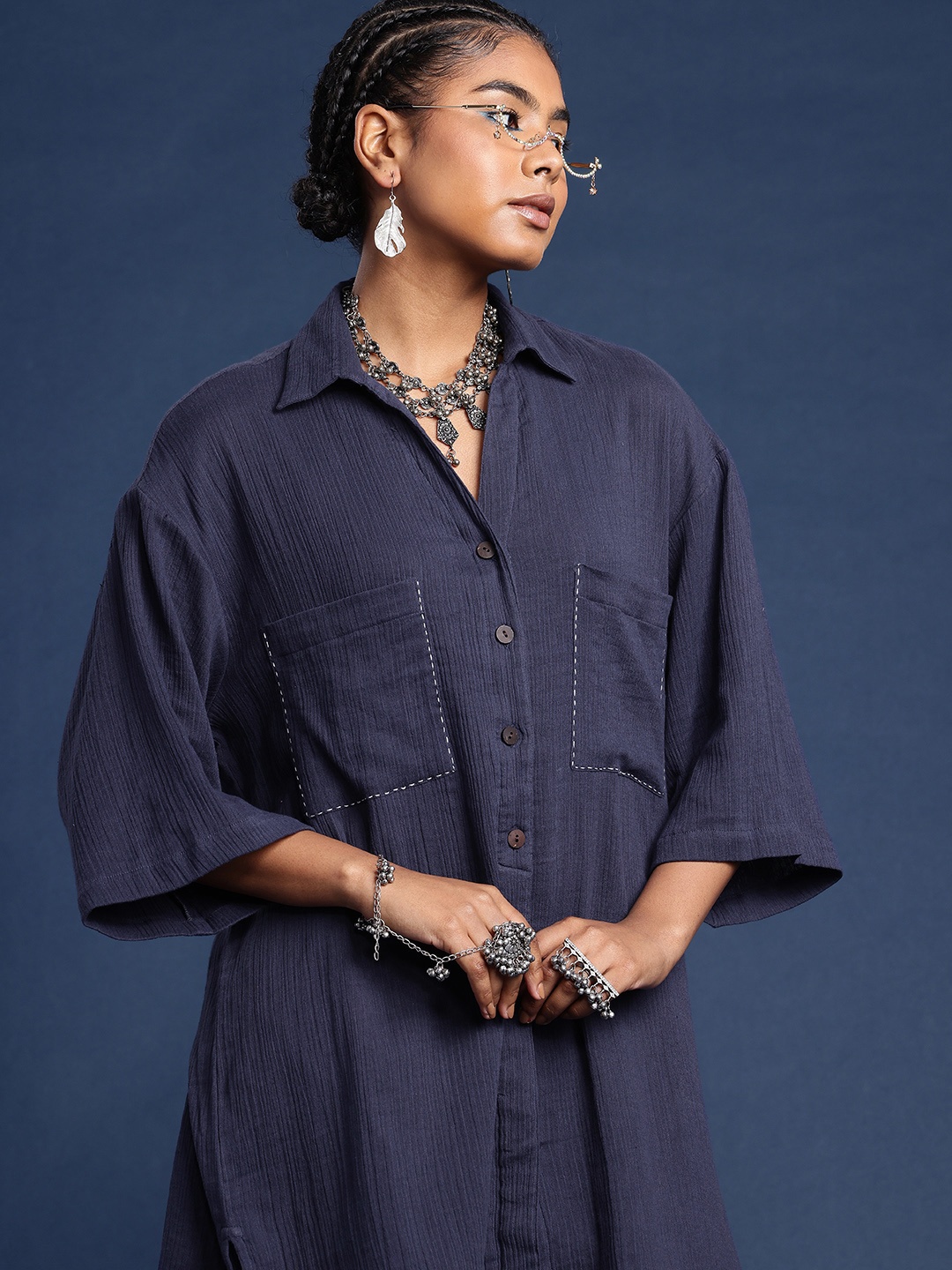 

Taavi Pure Cotton High-Low Shirt Style Kurta, Navy blue