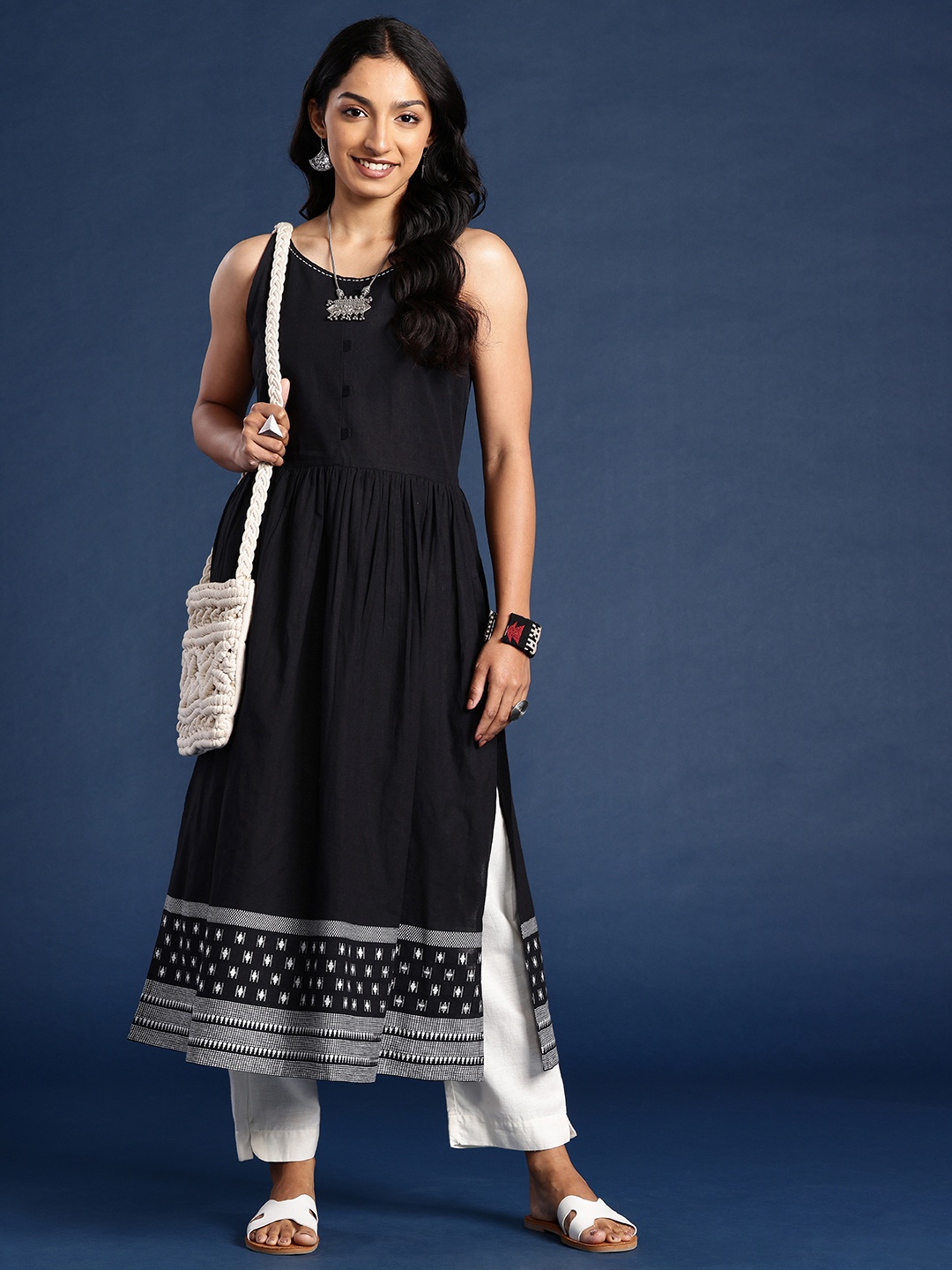 

Taavi Woven Legacy Pure Cotton A-Line Kurta, Black