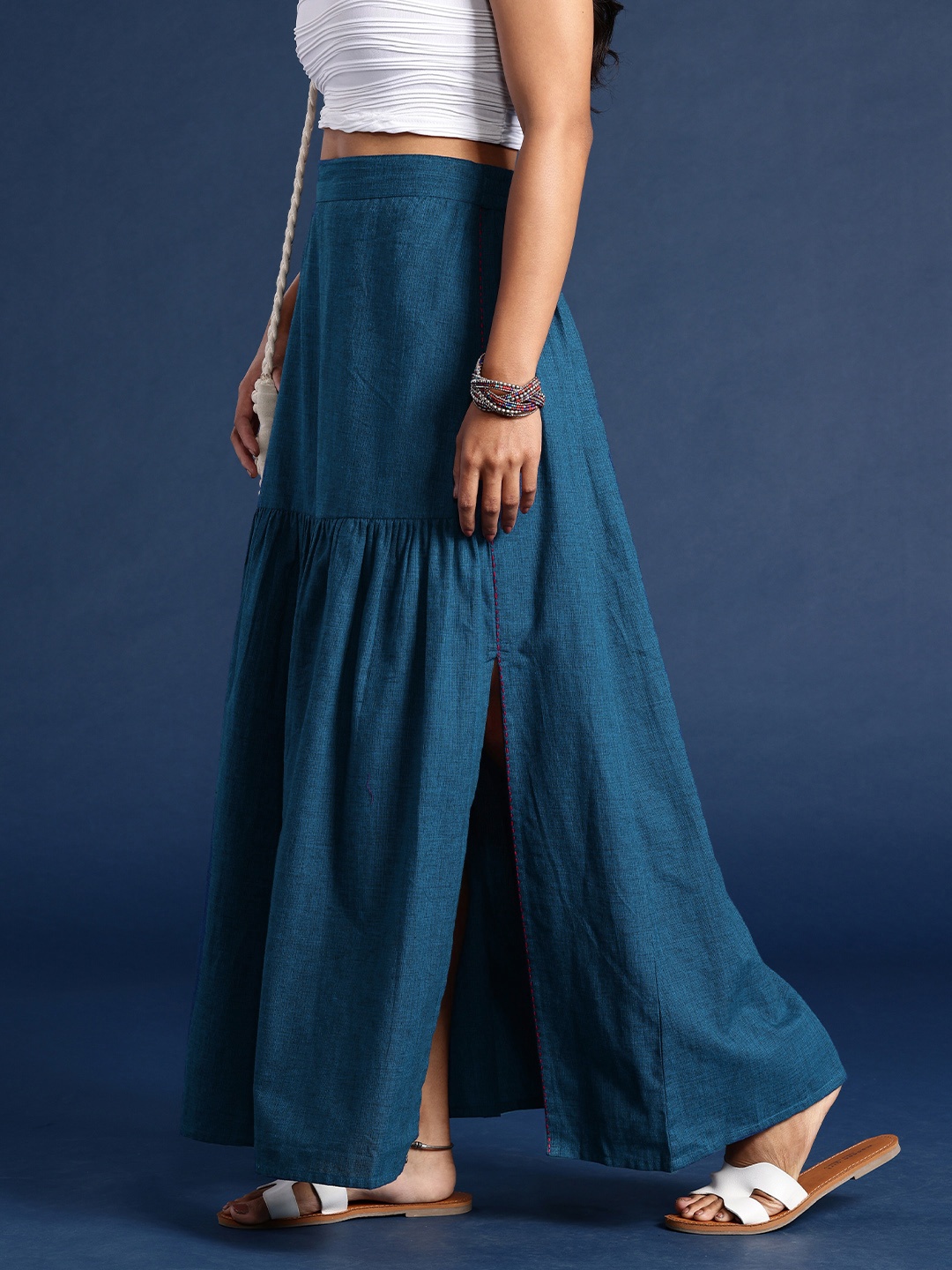 

Taavi Woven Legacy A-Line Pure Cotton Maxi Skirt With A Side Slit, Blue