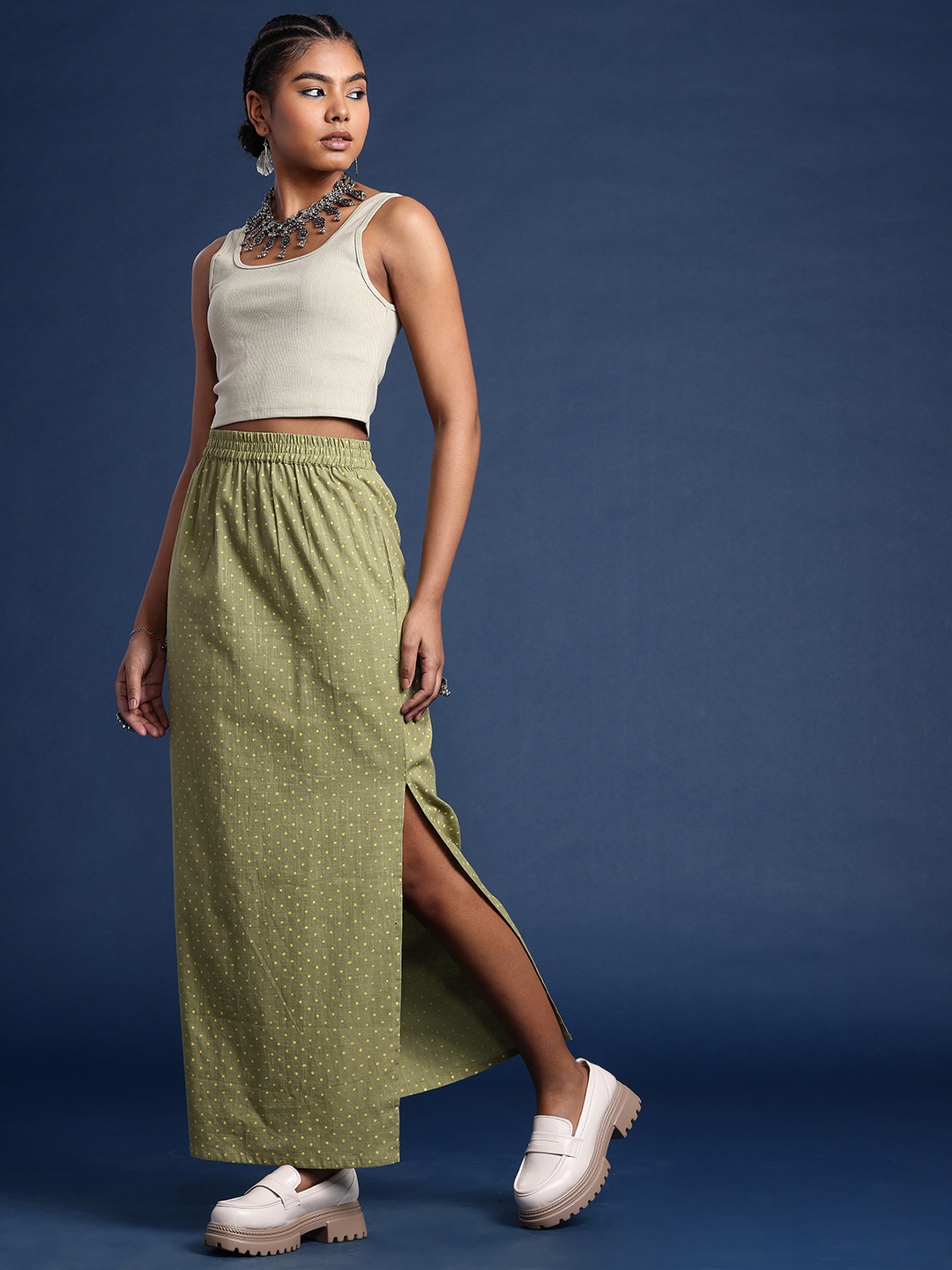 

Taavi Polka Dots Printed Pure Cotton Sanganeri Straight Maxi Skirt, Green