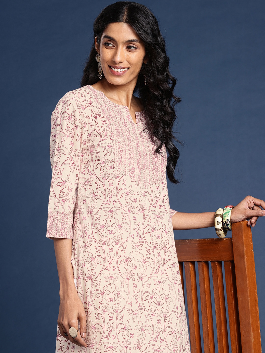 

Taavi Ethnic Motifs Printed Sanganeri Kurta, Beige