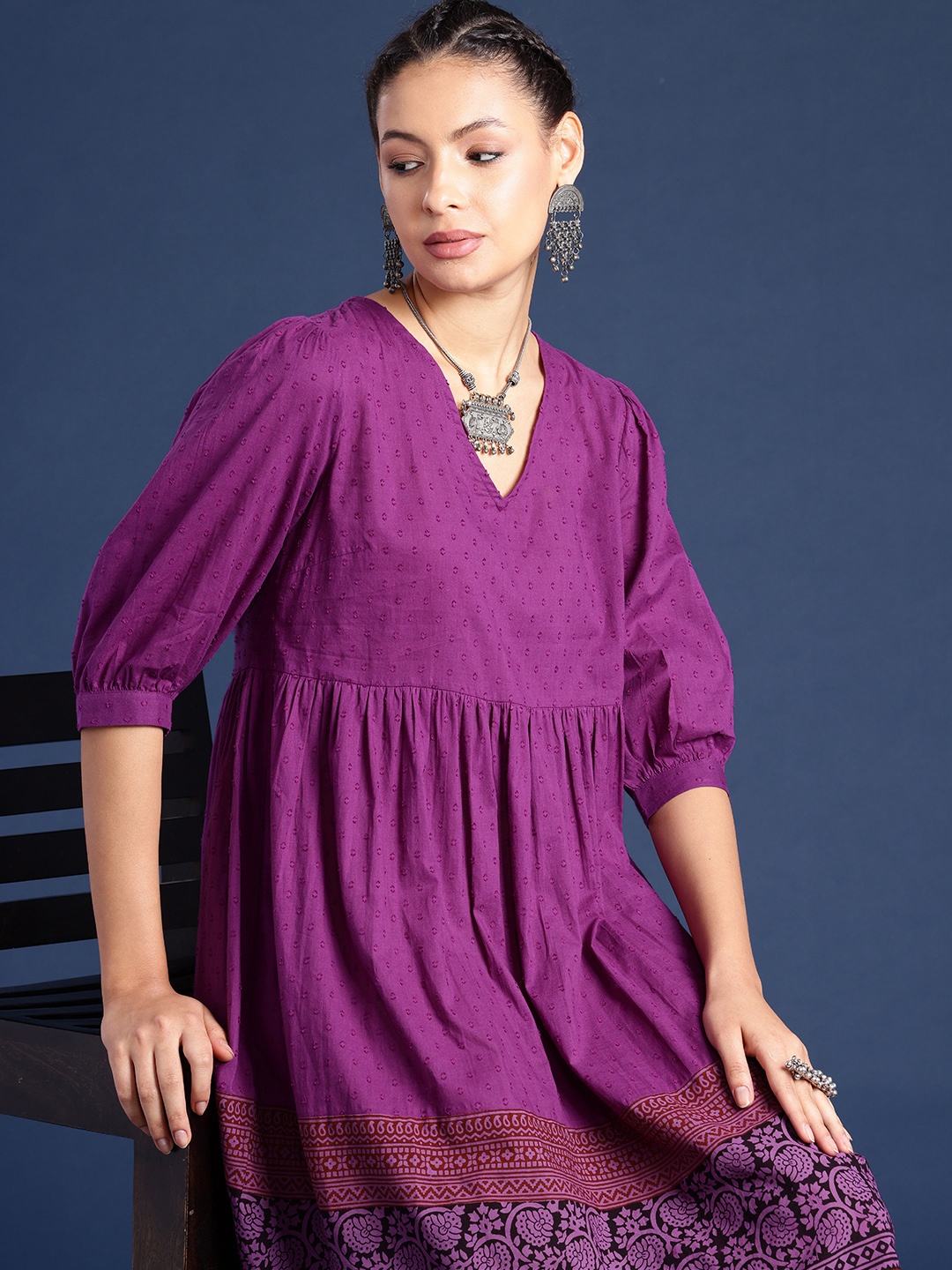 

Taavi Floral Printed V-Neck Puff Sleeves Pure Cotton Bagh Ethnic Dresses, Purple