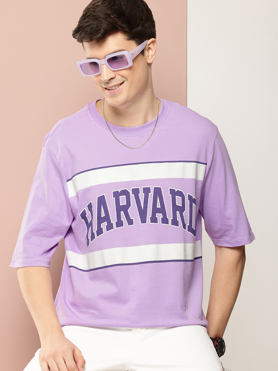 

Harvard Brand Logo Printed Drop-Shoulder Sleeves Pure Cotton T-shirt, Lavender