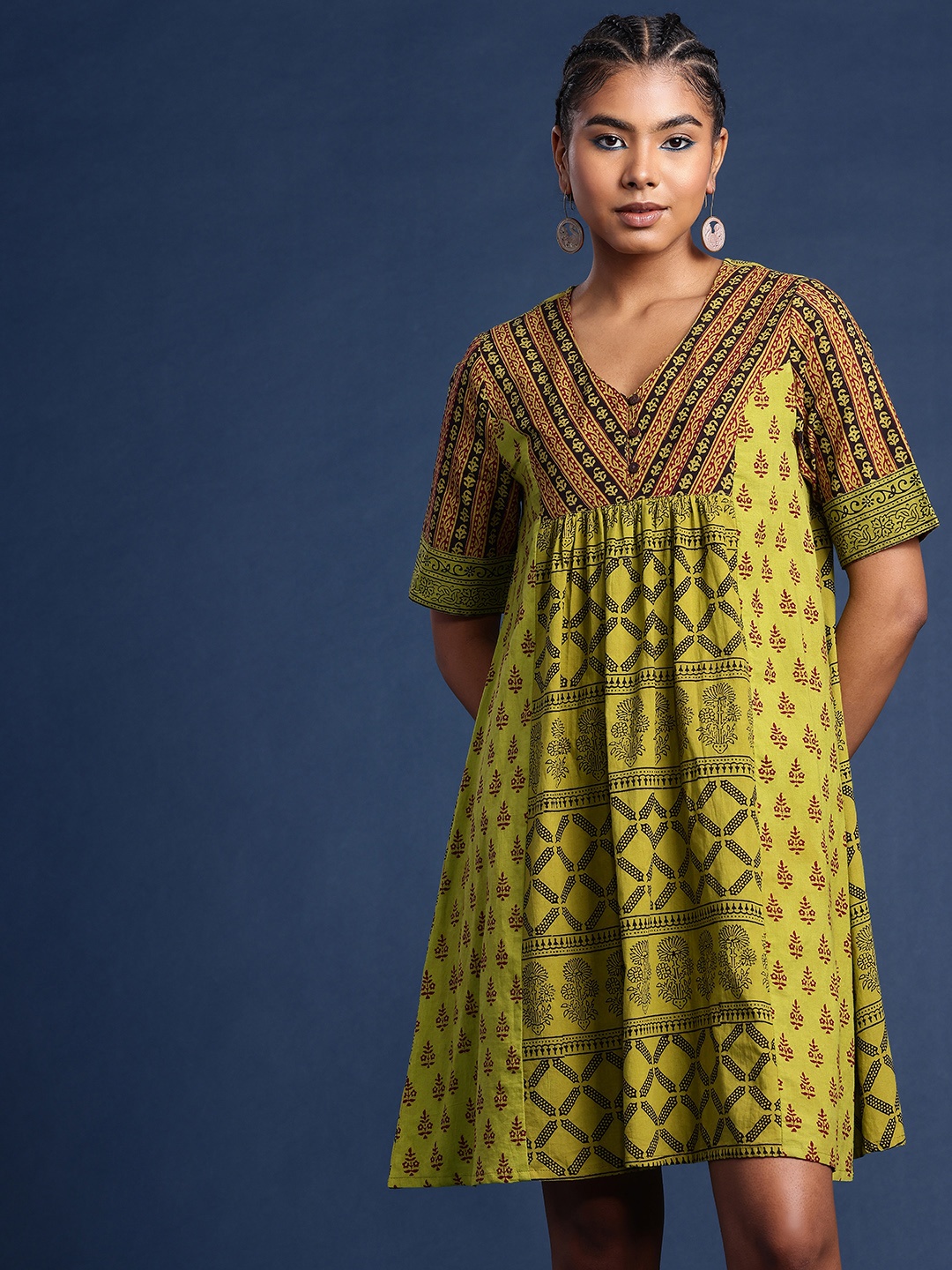 

Taavi Pure Cotton A-line Ethnic Floral Bagh Ethnic Dress, Green
