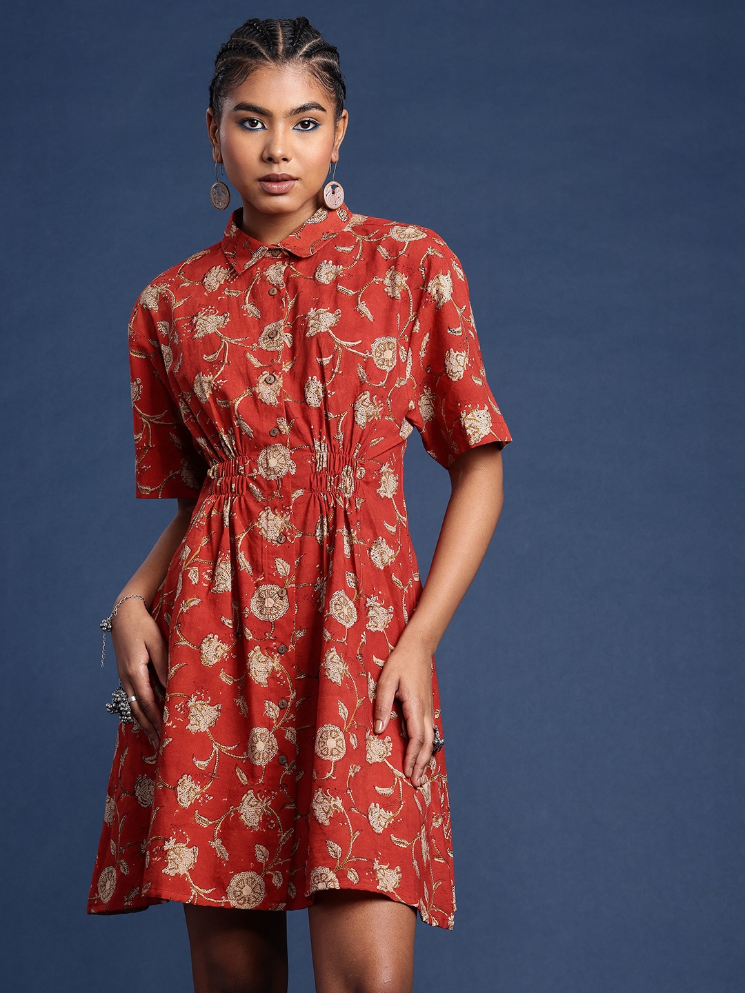 

Taavi Floral Printed Shirt Collar Pure Cotton Bagru A-Line Dress, Maroon