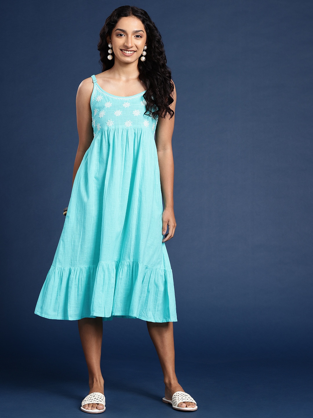 

Taavi Chikankari Embroidered Pure Cotton A-Line Midi Ethnic Dresses, Turquoise blue