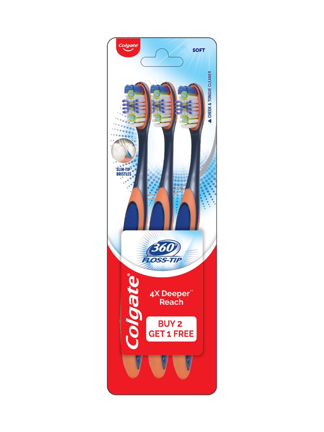 

Colgate 360 Floss-Tip 4x Deeper Reach Soft Bristle Toothbrush - Buy 2 Get 1 Free, Multi