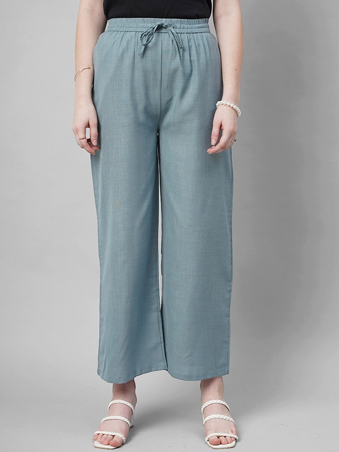 

FITHUB Women Straight Fit High-Rise Cotton Trousers, Blue