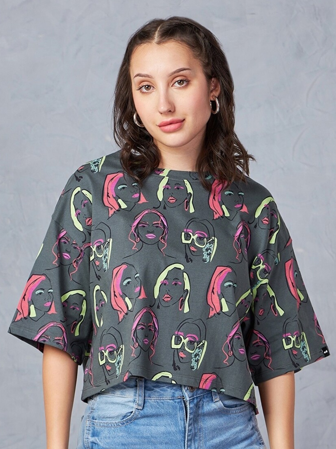 

Bewakoof Conversational Printed Oversized Crop Top, Grey