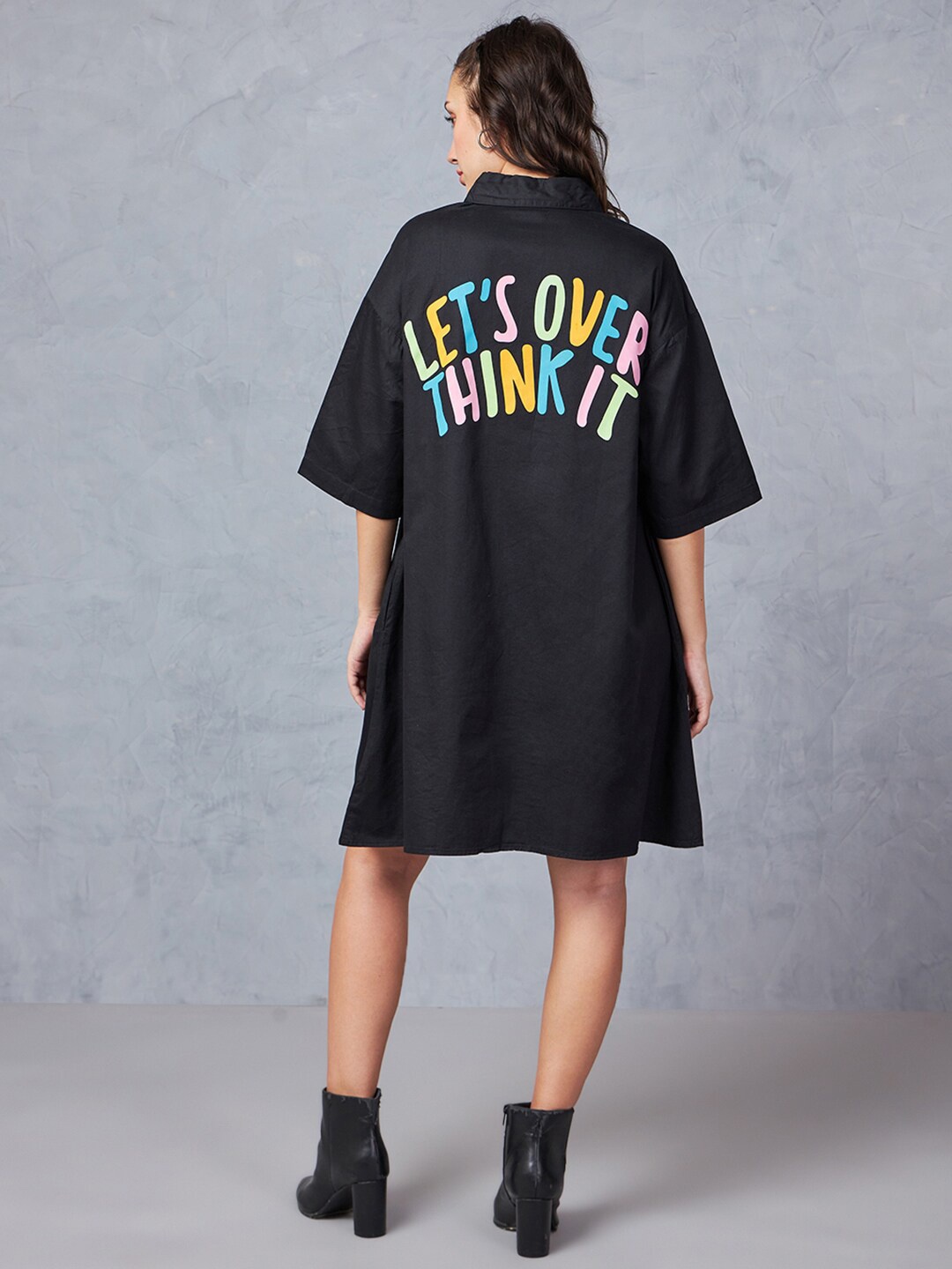 

Bewakoof Typography Printed Shirt Collar Cotton Oversized Shirt Dress, Black