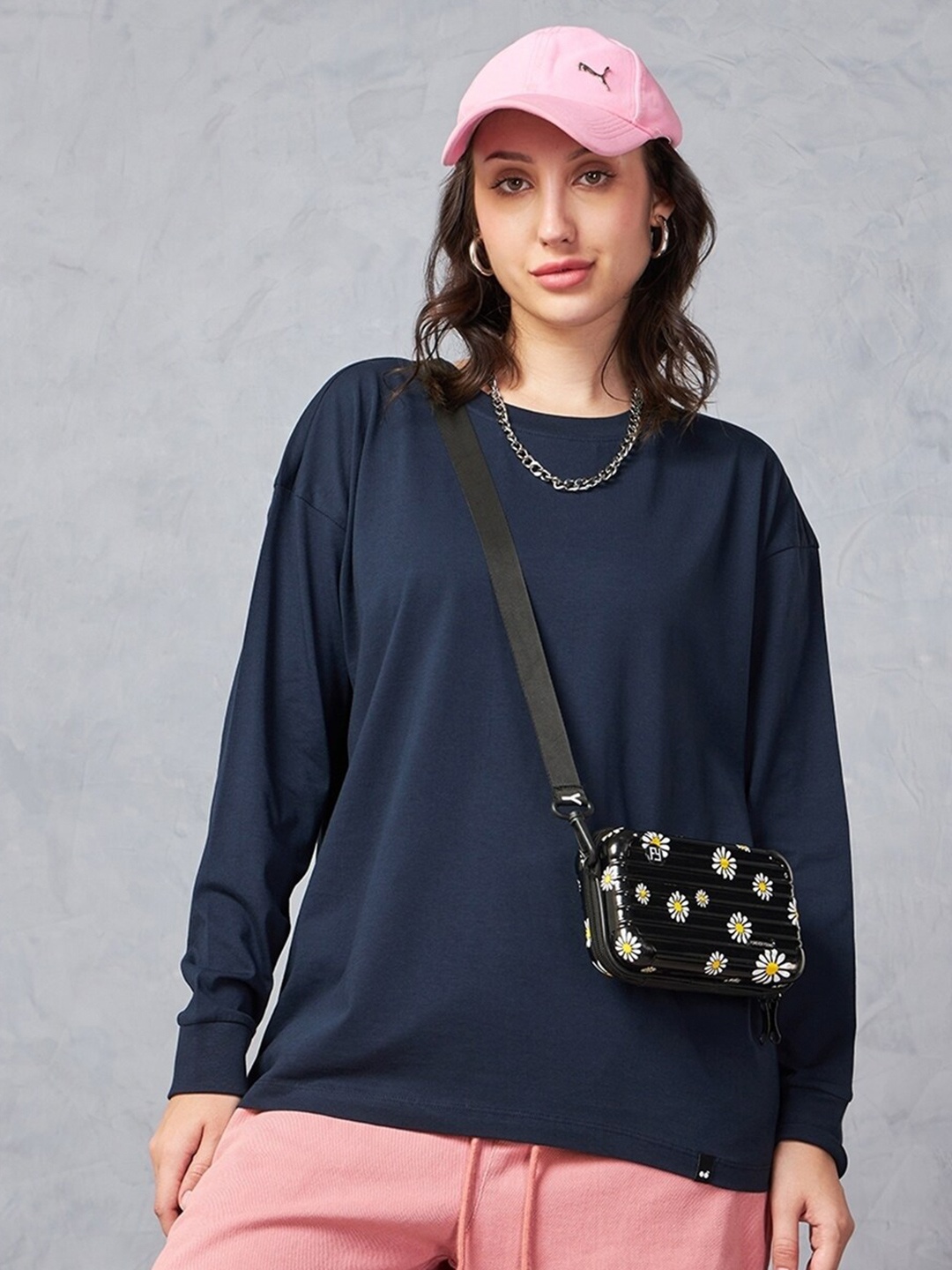 

Bewakoof Cotton Round Neck Extended Sleeves Raw Edge Oversized Casual T-shirt, Blue