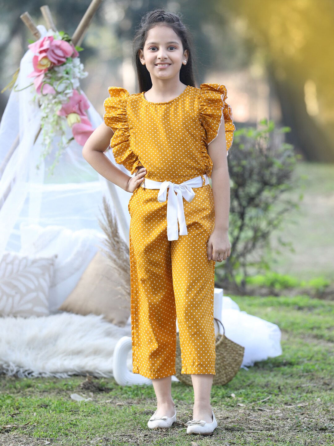 

Cutiekins Girls Printed Capri Jumpsuit With Ruffles, Mustard