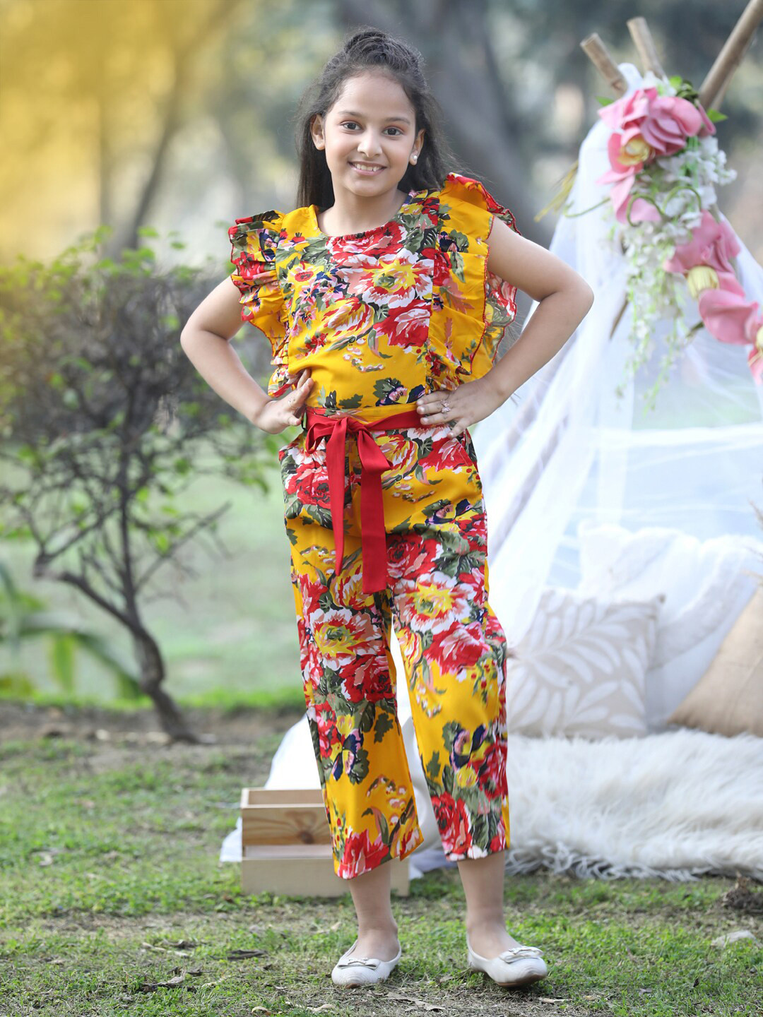 

Cutiekins Girls Printed Basic Jumpsuit With Ruffles, Mustard