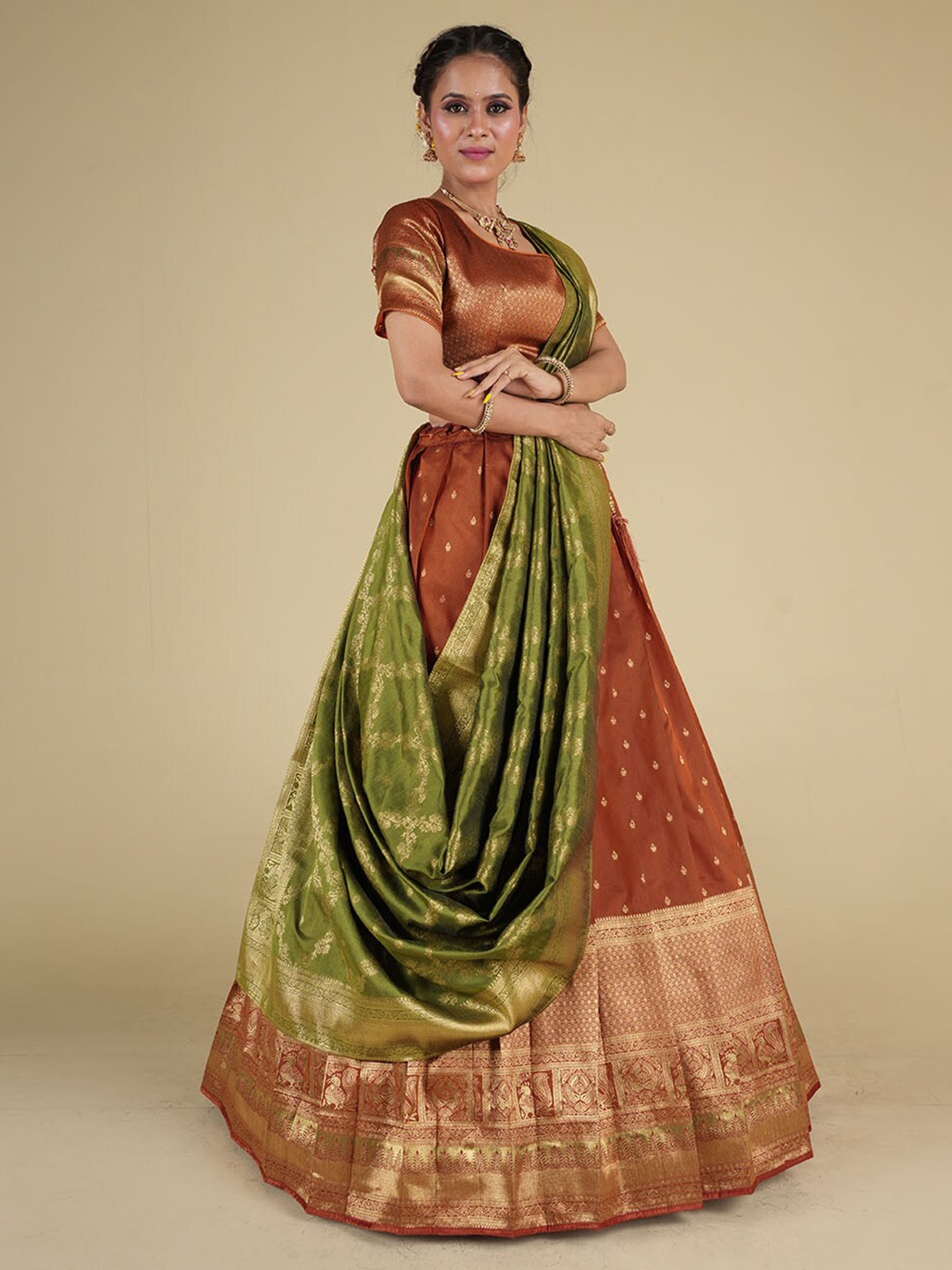 

HALFSAREE STUDIO Woven Design Semi-Stitched Lehenga & Unstitched Blouse With Dupatta, Rust