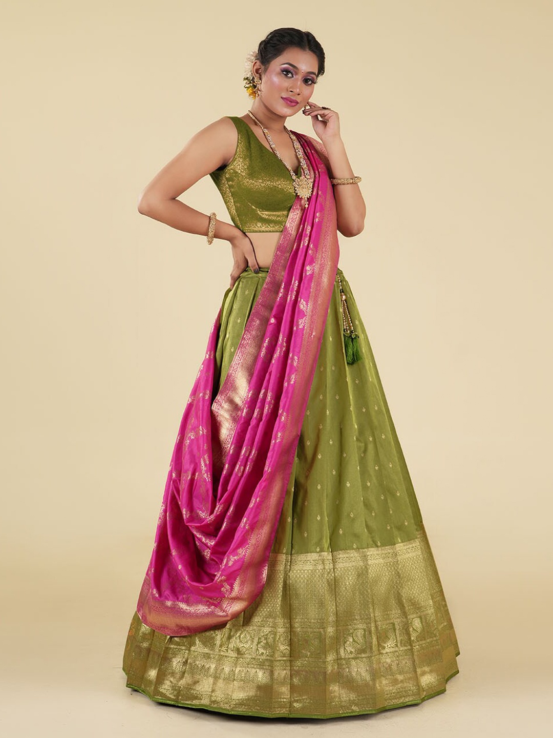 

HALFSAREE STUDIO Woven Design Semi-Stitched Lehenga & Unstitched Blouse With Dupatta, Yellow