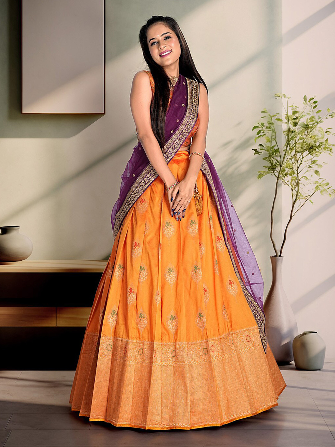 

HALFSAREE STUDIO Woven Design Semi-Stitched Lehenga & Unstitched Blouse With Dupatta, Gold