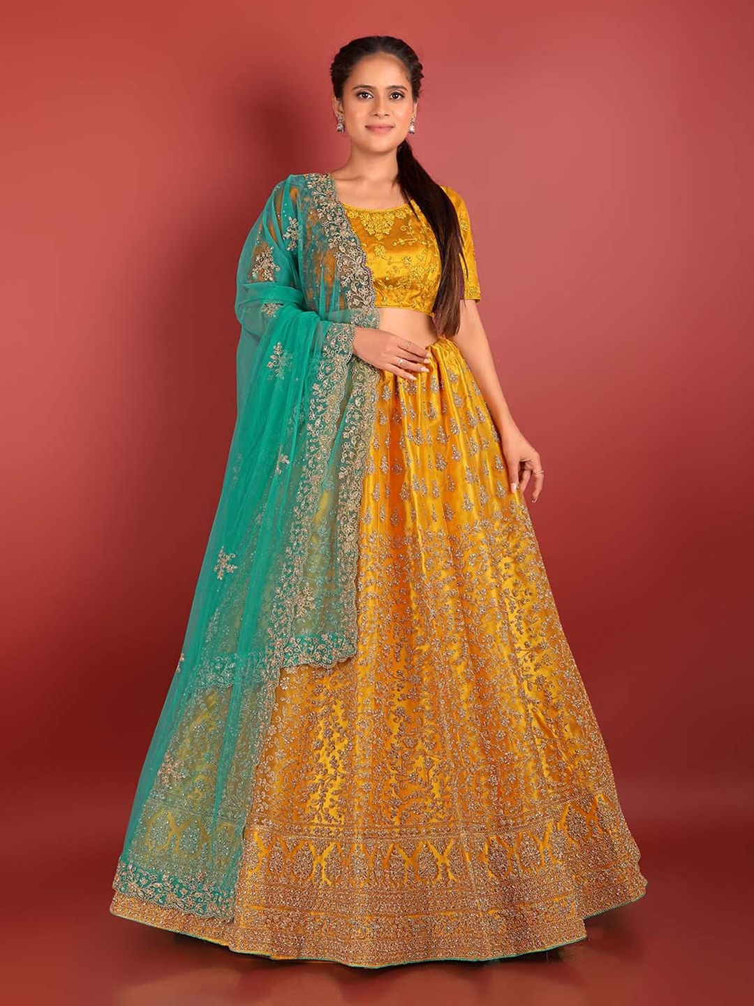 

HALFSAREE STUDIO Embroidered Semi-Stitched Lehenga & Unstitched Blouse With Dupatta, Mustard