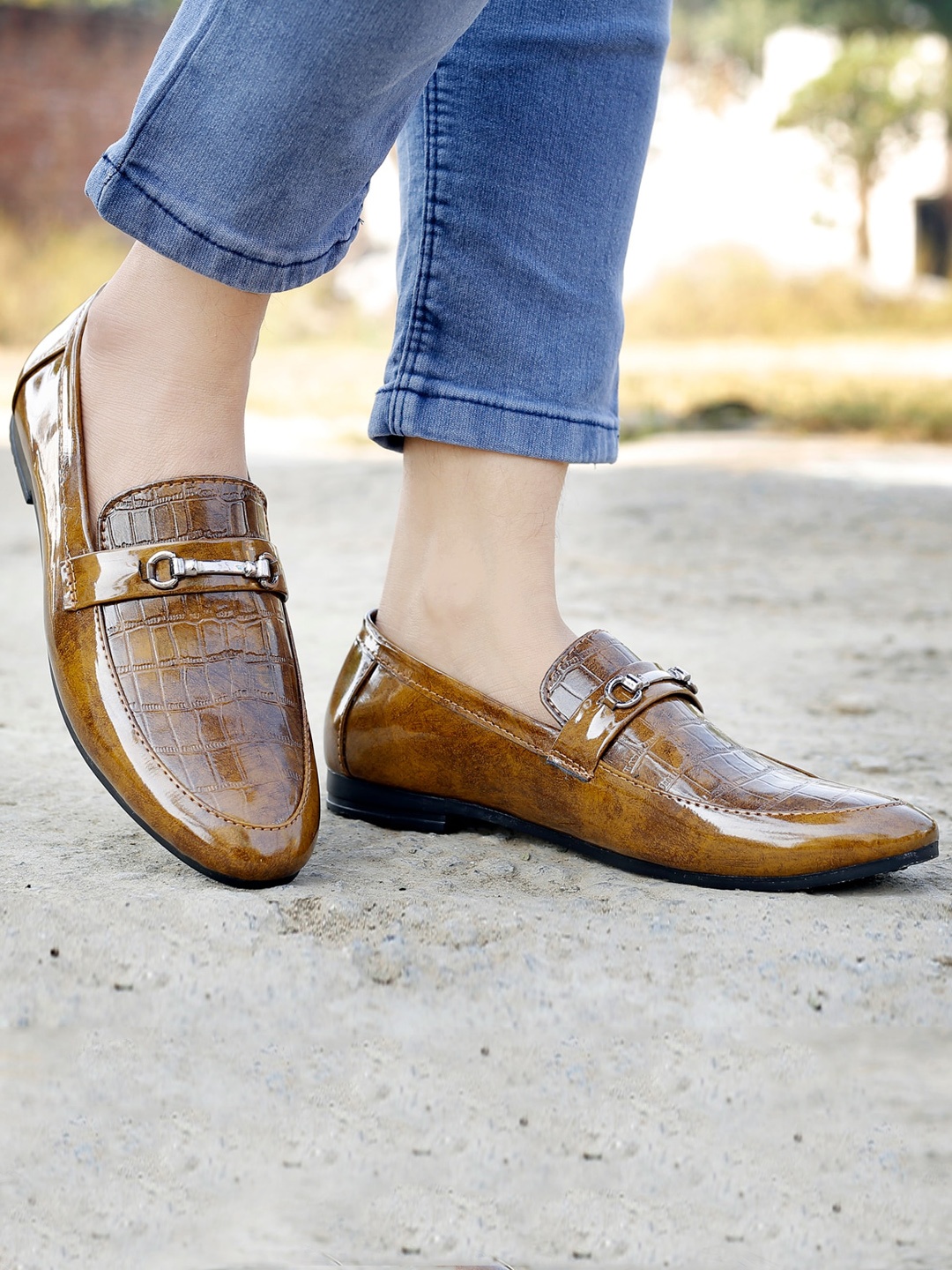 

Anouk Men Textured Buckle Detailed Formal Loafers, Tan