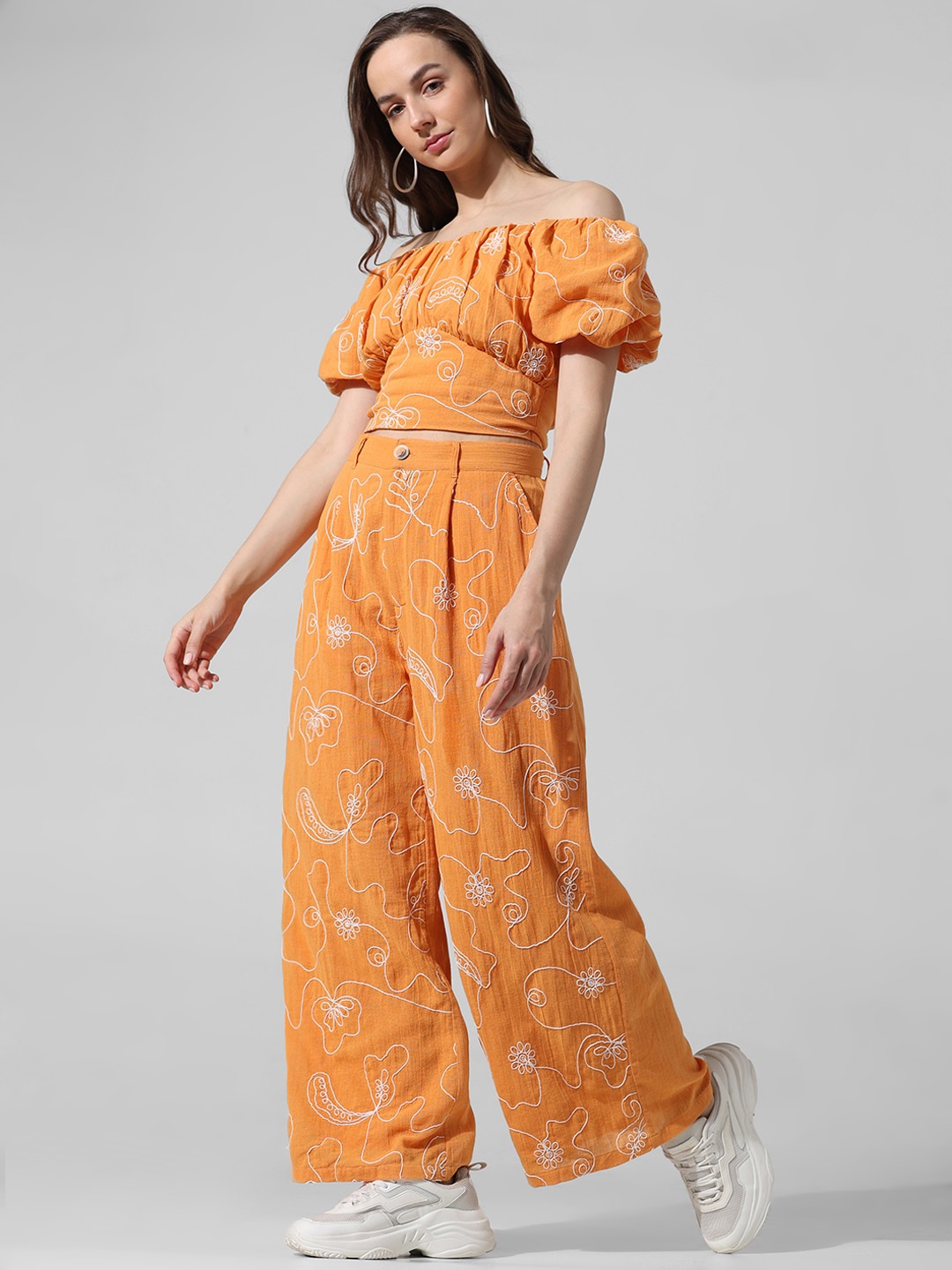 

ONLY Women Embroidered Flared High-Rise Pleated Pure Cotton Parallel Trousers, Orange